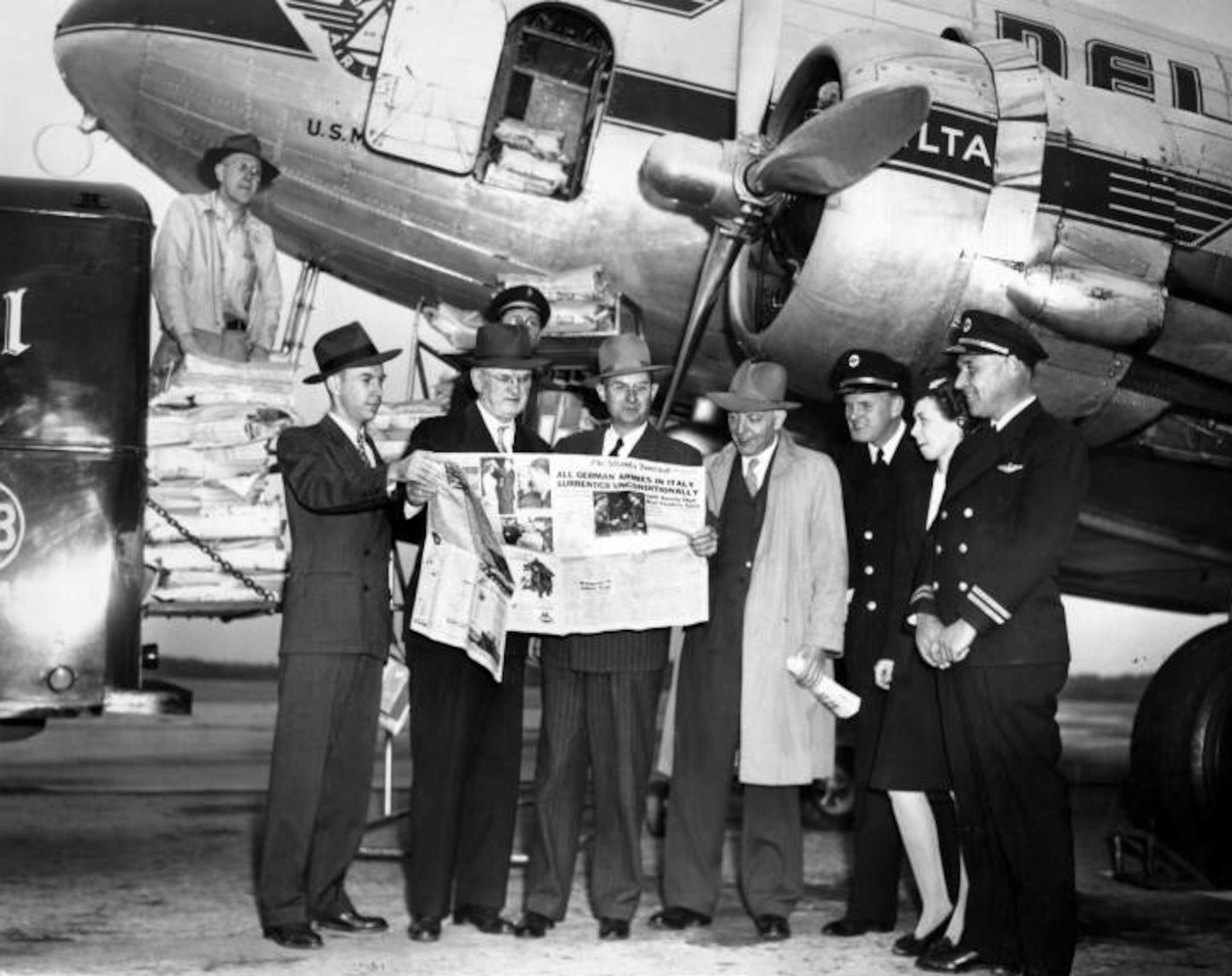 Atlanta Journal shipment of newspapers announcing German forces surrendering in Italy, 1945