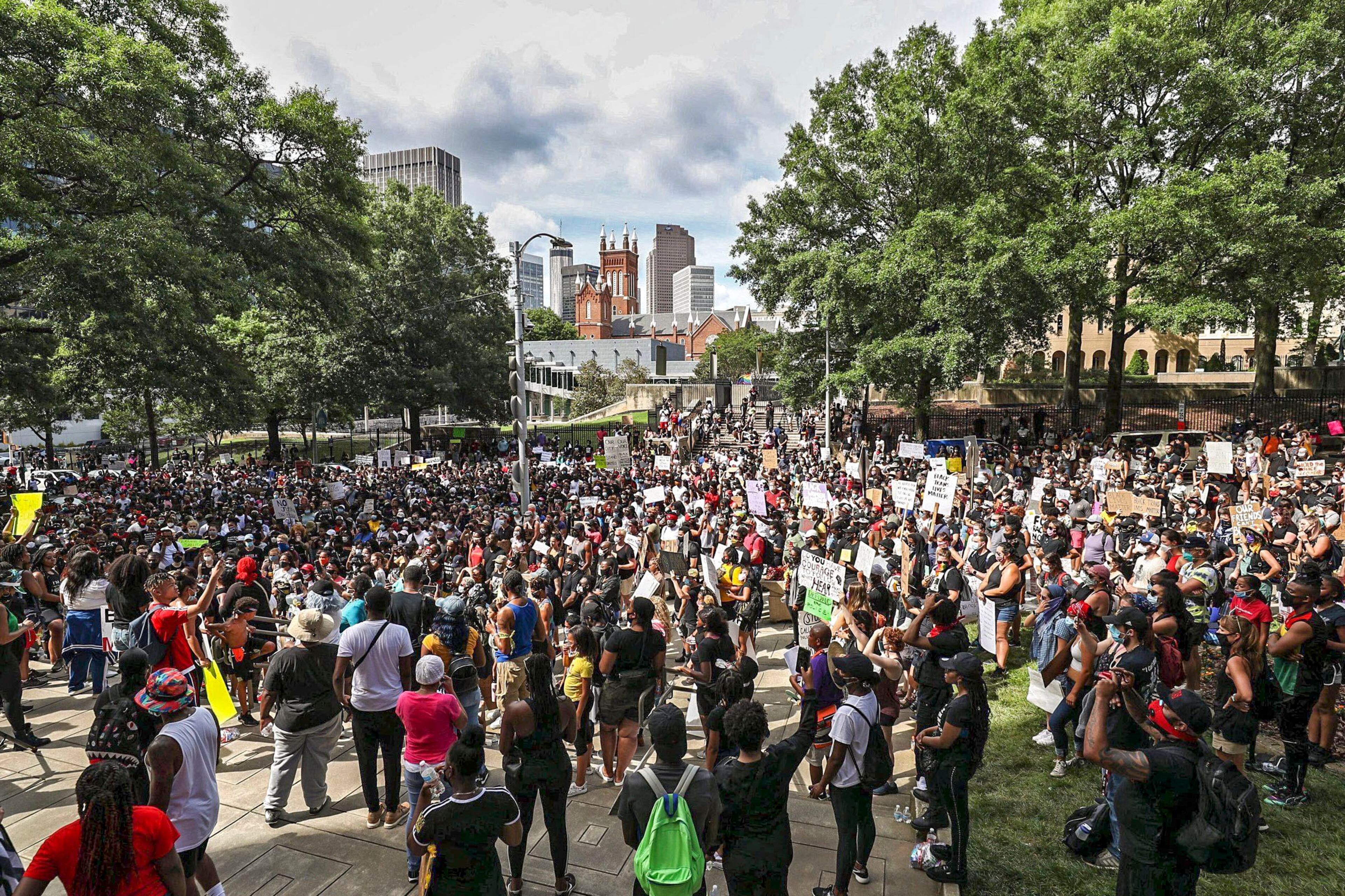 Protesters march from Cleopas Park to downtown Atlanta on Sunday, June 7, 2020. Protests over the death of George Floyd in Minneapolis police custody continued around the United States, as his case renewed anger about others involving African Americans, police and race relations. Alyssa Pointer / alyssa.pointer@ajc.com