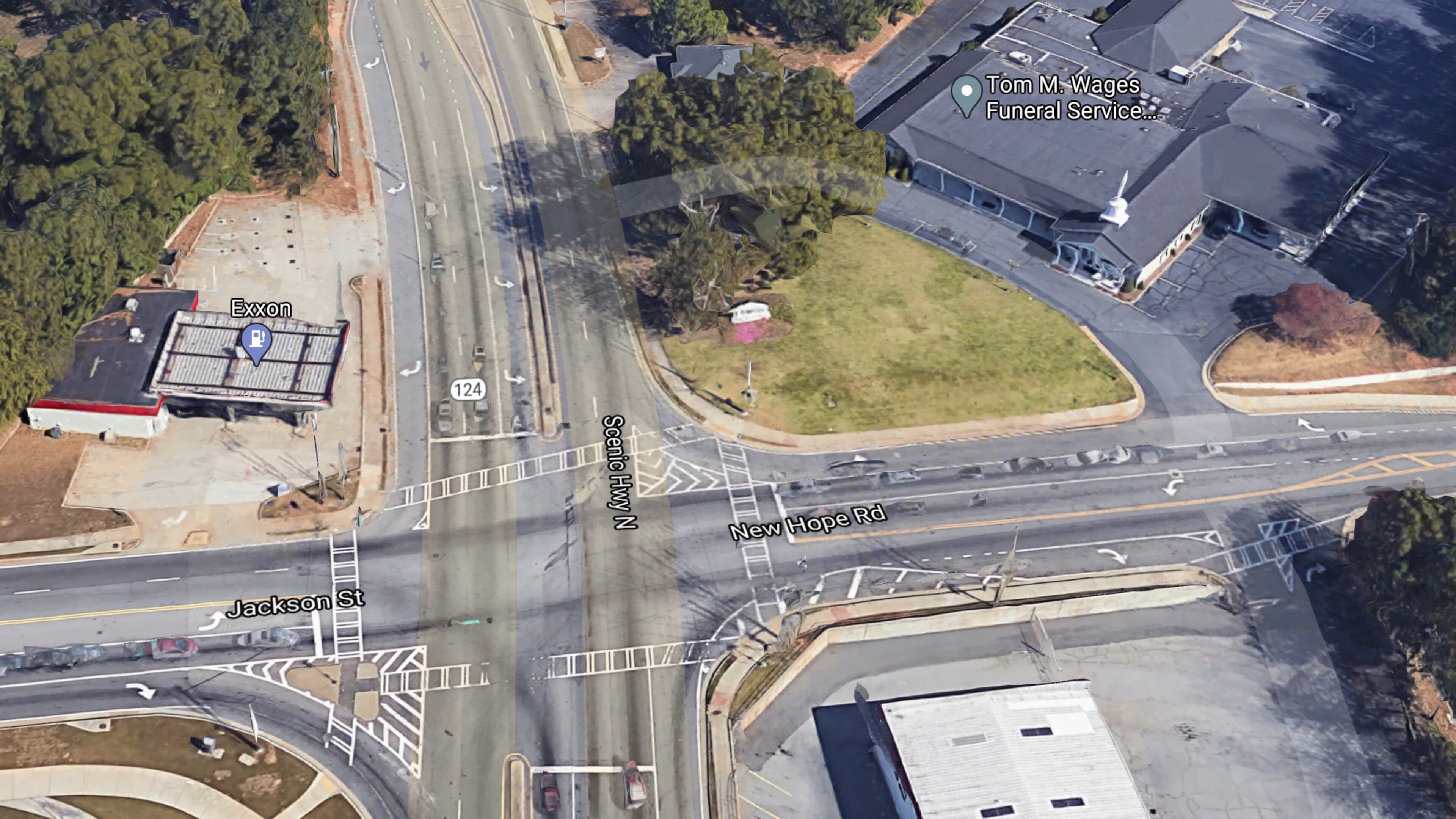 Intersection improvements are planned for Ga. 124/Scenic Highway at Jackson Street/New Hope Road in Lawrenceville. (Google Maps)
