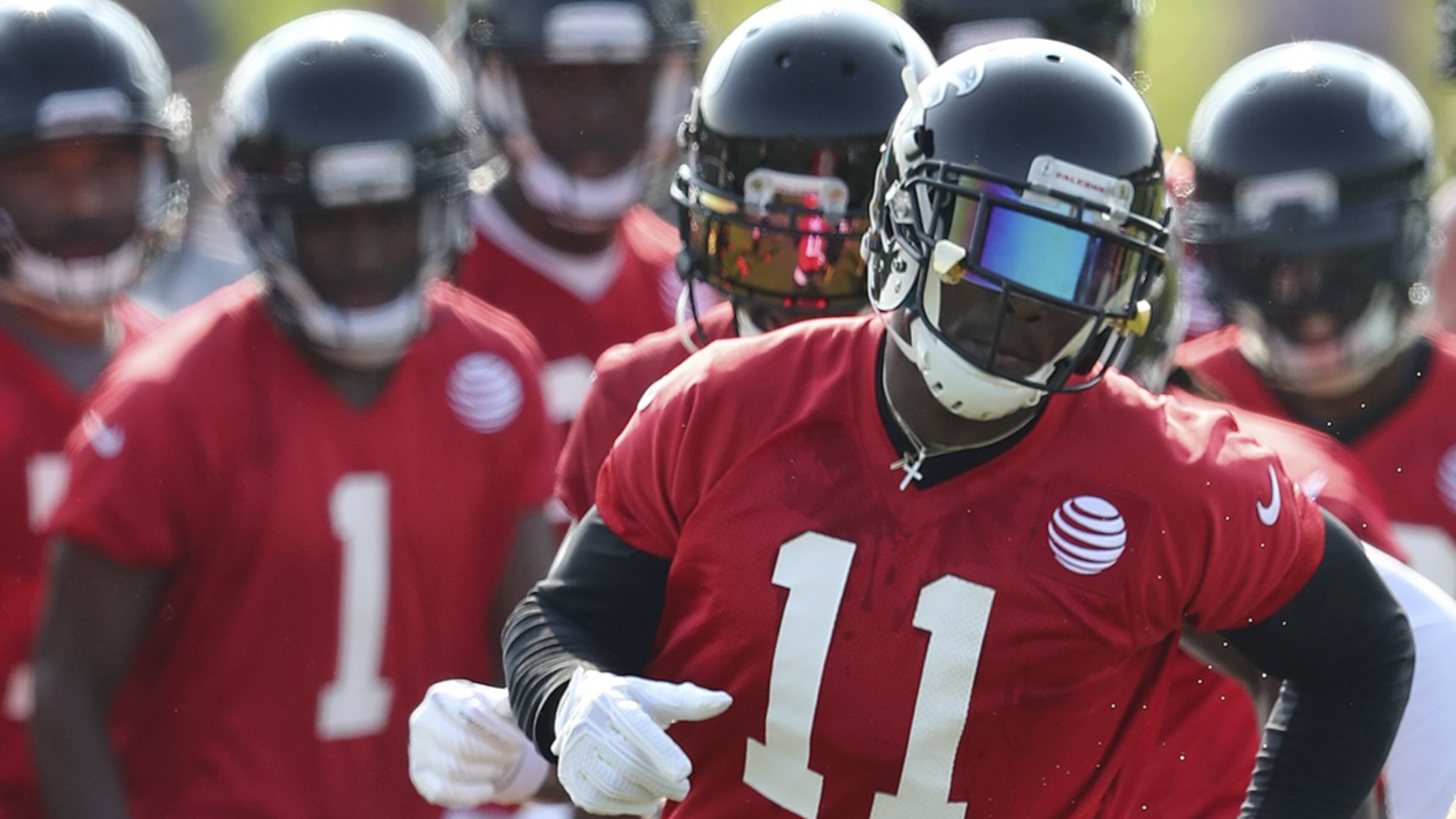 Atlanta Falcons wide receiver Julio Jones runs an agility drill during NFL football training camp on Thursday, July 27, 2017, in Flowery Branch, Ga. (Curtis Compton/Atlanta Journal-Constitution via AP)