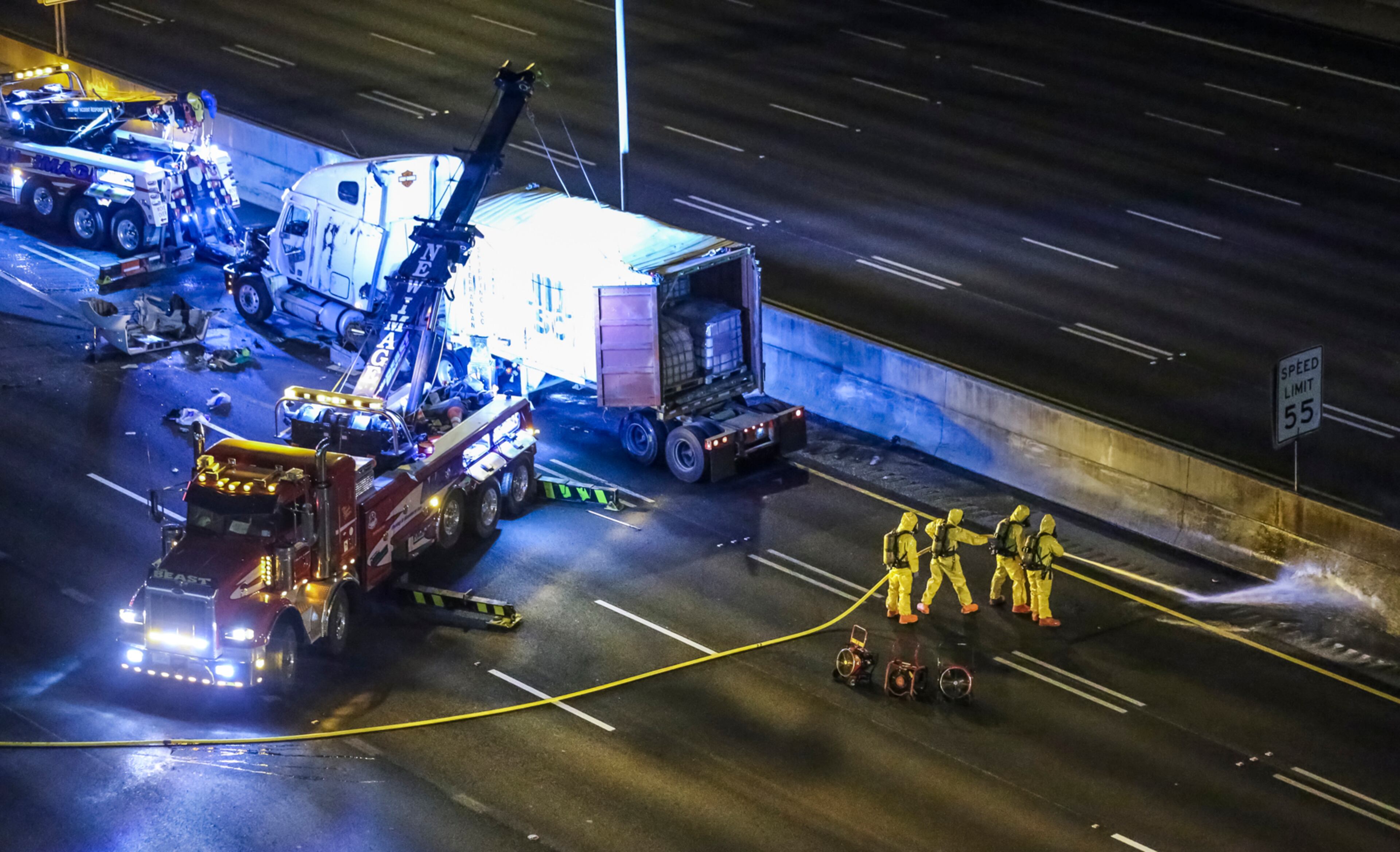 April 17, 2017 Atlanta: Barely two weeks after the I-85 fire and bridge collapse, metro Atlanta woke up Monday, April 17, 2017 to another traffic nightmare: a chemical spill on the Downtown Connector that blocked both sides of the interstate for hours. The traffic mess started just before 3 a.m., afterÊa tractor-trailer hauling up to 250 gallons ofÊbenzoyl chloride and 50 gallons of diesel fuel overturned in a crash with a SUV.ÊBenzoyl chloride, an industrial chemical used for dyes, can be toxic if inhaled and cause burns to the skin and eyes. Atlanta police closed northbound and southbound lanes of the Downtown Connector, and a hazardous materials crew responded to the scene.ÊÊ Northbound traffic was forced off the interstate at Spring Street, and southbound drivers were forced off at 17th Street. Delays on side streets and I-285, a popular alternate since the I-85 fire and bridge collapse, built quickly. Original warnings from authorities were grim. Officials predicted the connector Ñ a major artery that cuts through the heart of Atlanta Ñ would be closed for at least six hours. Georgia State University delayed the start of classes on its downtown campus until 10 a.m. However,Êsouthbound lanes reopened about 6:30 a.m. About an hour later, officials towed the tractor-trailer to a right emergency lane, reopening northbound lanes, too. Authorities still do not know what caused the crash or why the truck was on the connector.ÊAccording to state law, trucks with hazardous materials are only allowed to use it for pick up or delivery to or from a shipper based inside I-285; going to or from the carrierÕs terminal inside the Perimeter; going to or from repair facility; or if a driver is going to or from a residence inside the Perimeter. According to Channel 2 Action News, two people were treated on the scene after the crash. ÊJOHN SPINK /JSPINK@AJC.COM