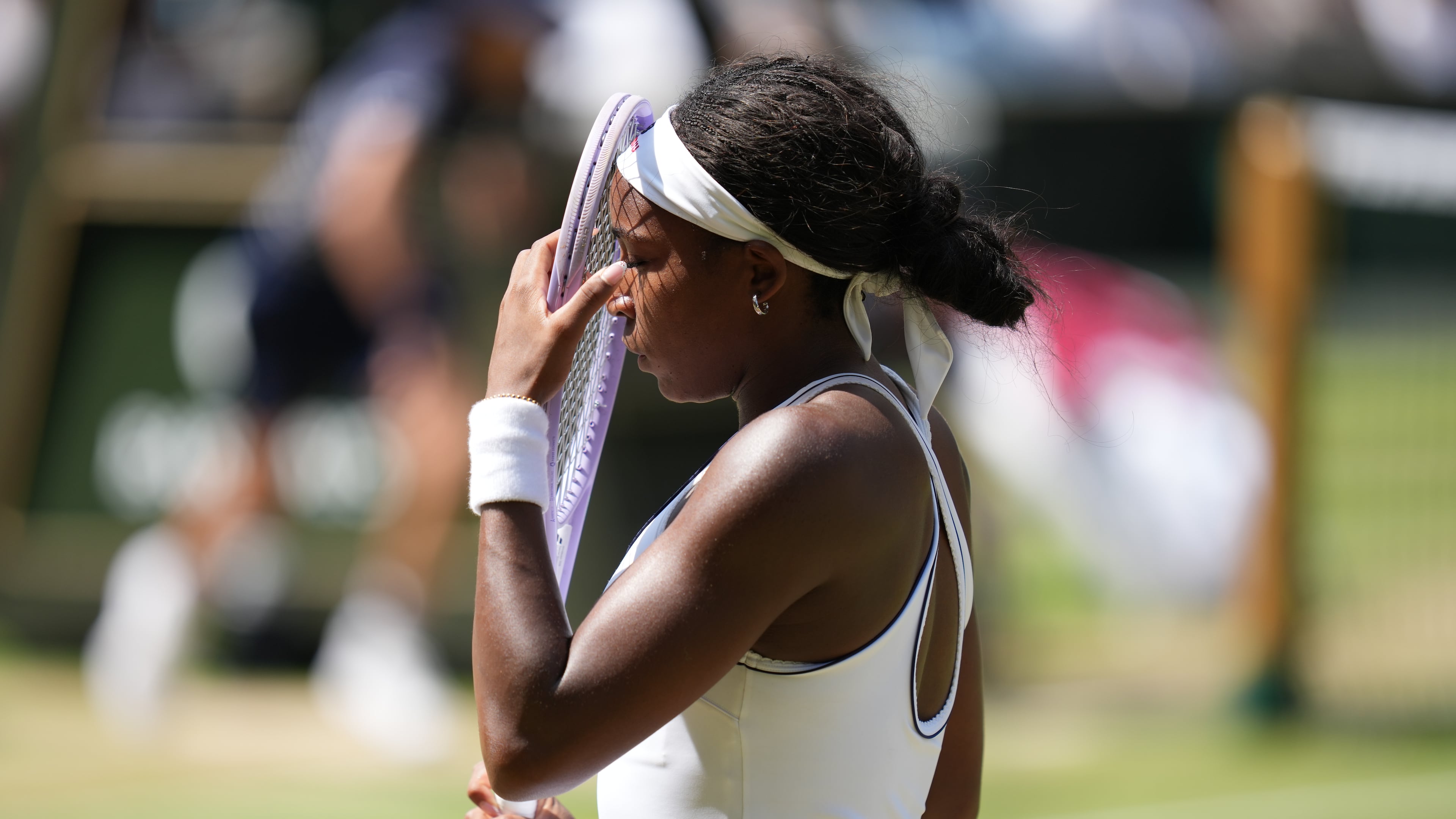 Coco Gauff of the United States reacts after losing a point against Karolina Muchova of the Czech Republic in their semifinal women's singles match at the Wimbledon Tennis Championships in London, Thursday, July 9, 2026. (AP Photo/Kirsty Wigglesworth)