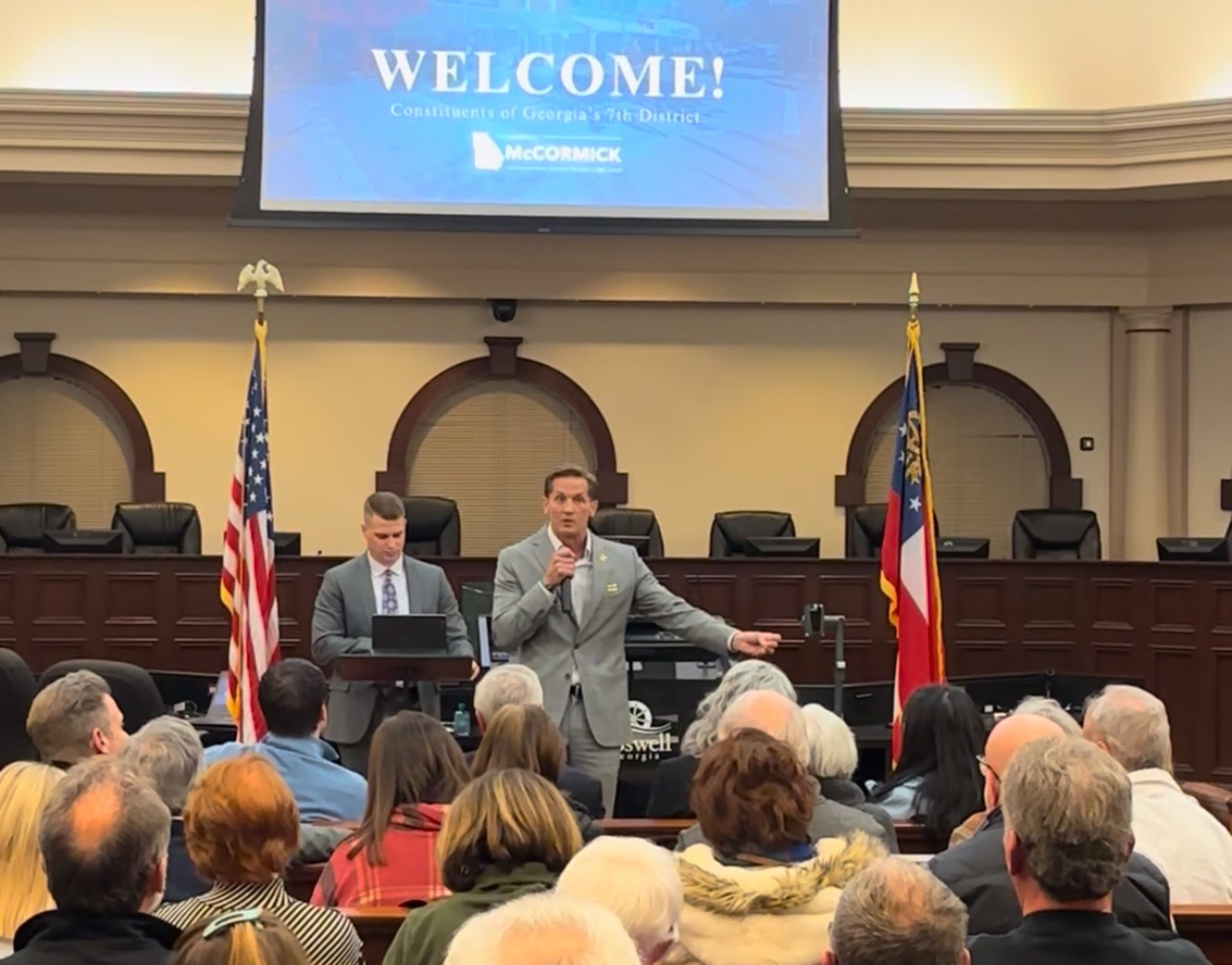 U.S. Rep. Rich McCormick was booed and jeered throughout a raucous town hall on Feb. 20, 2025. Greg Bluestein/AJC.