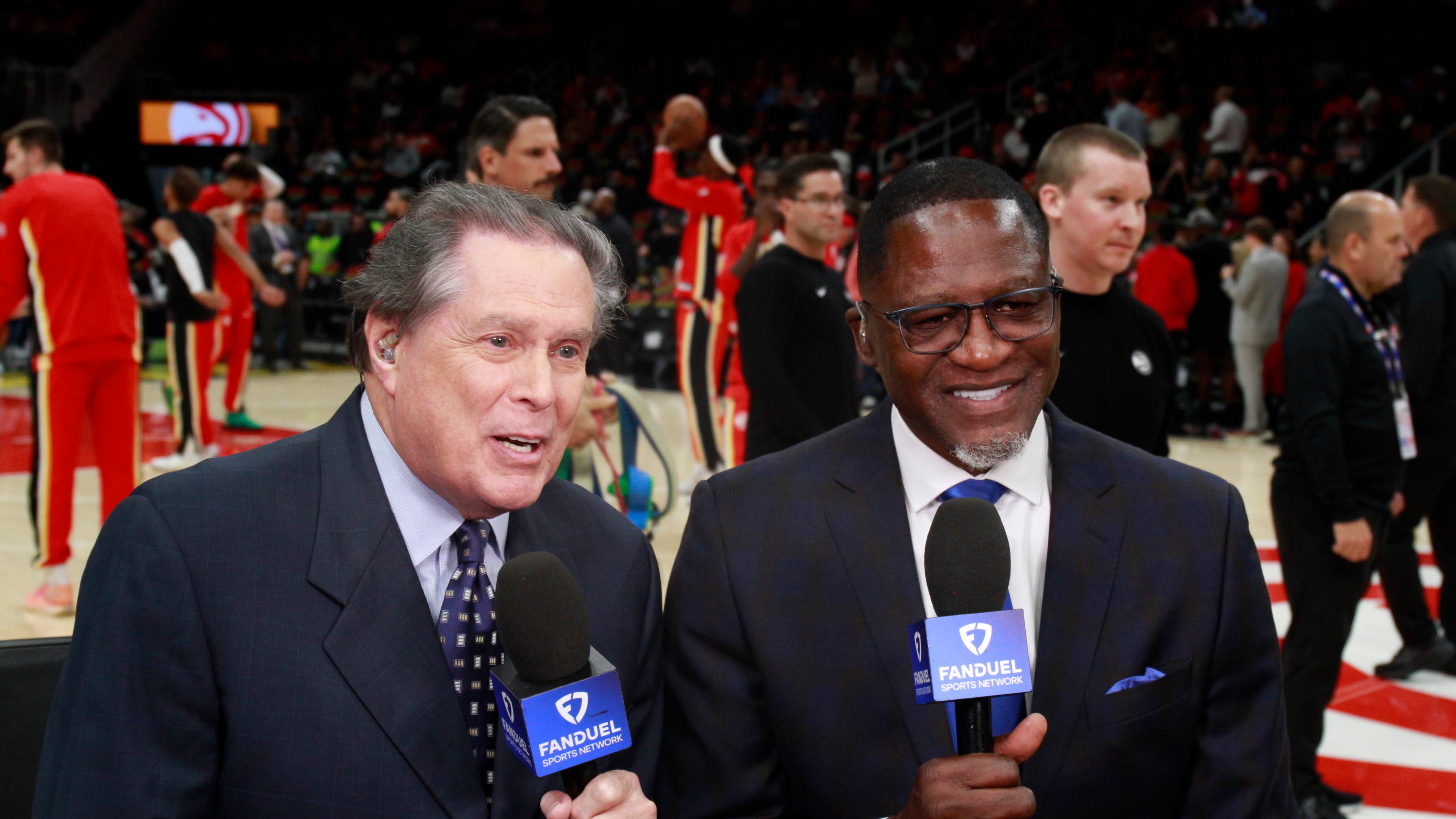 Bob Rathbun, Hawks play-by-play announcer, and analyst Dominique Wilkins, open the season as the FanDuel Sports Network broadcast team.