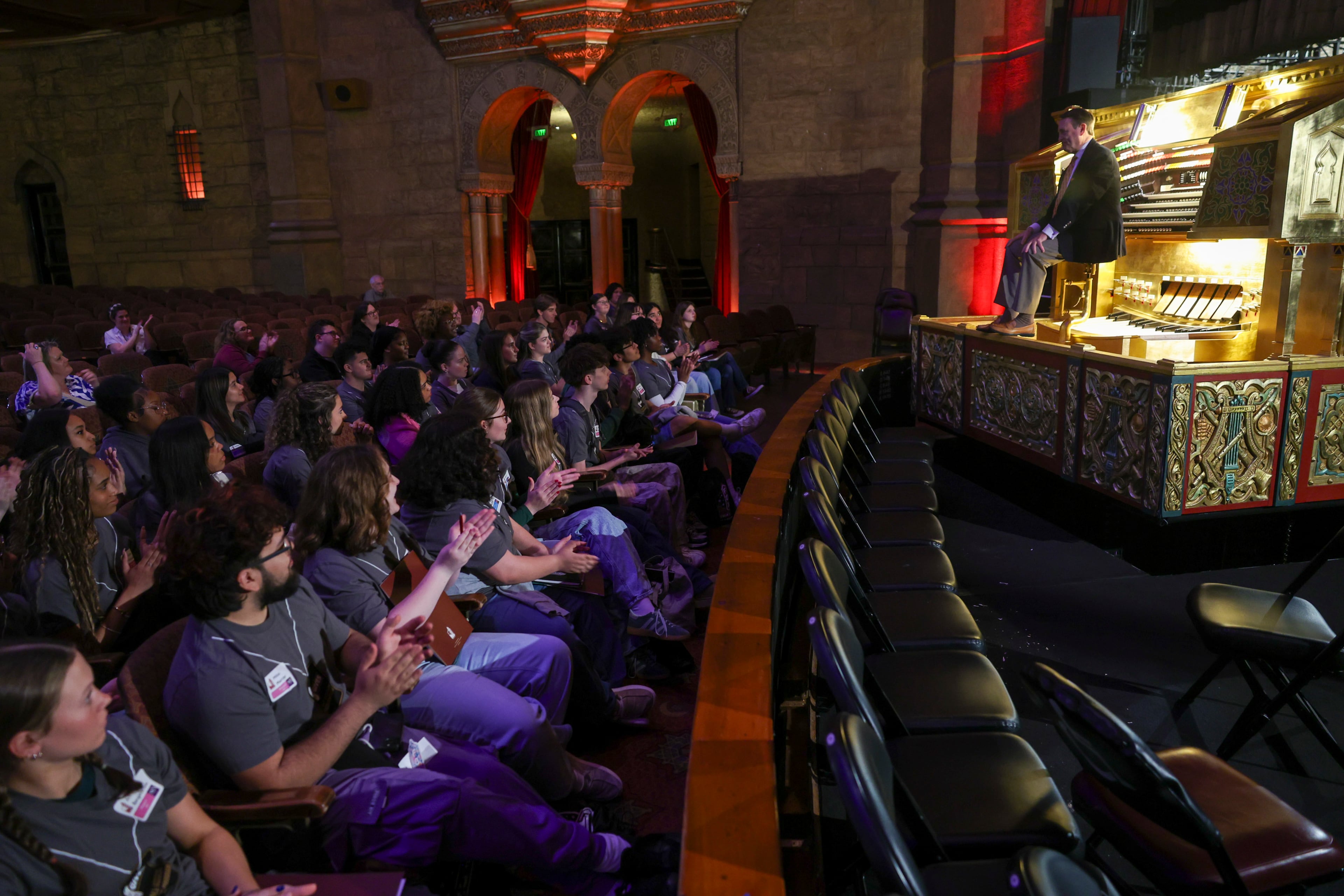 Organist Ken Double showcases organ Mighty Mo to students from Putnam County High School and Pebblebrook High School during Fox Theatre Shadowing Day at the Fox Theatre in Atlanta on Monday, March 23, 2026. (Arvin Temkar/AJC)