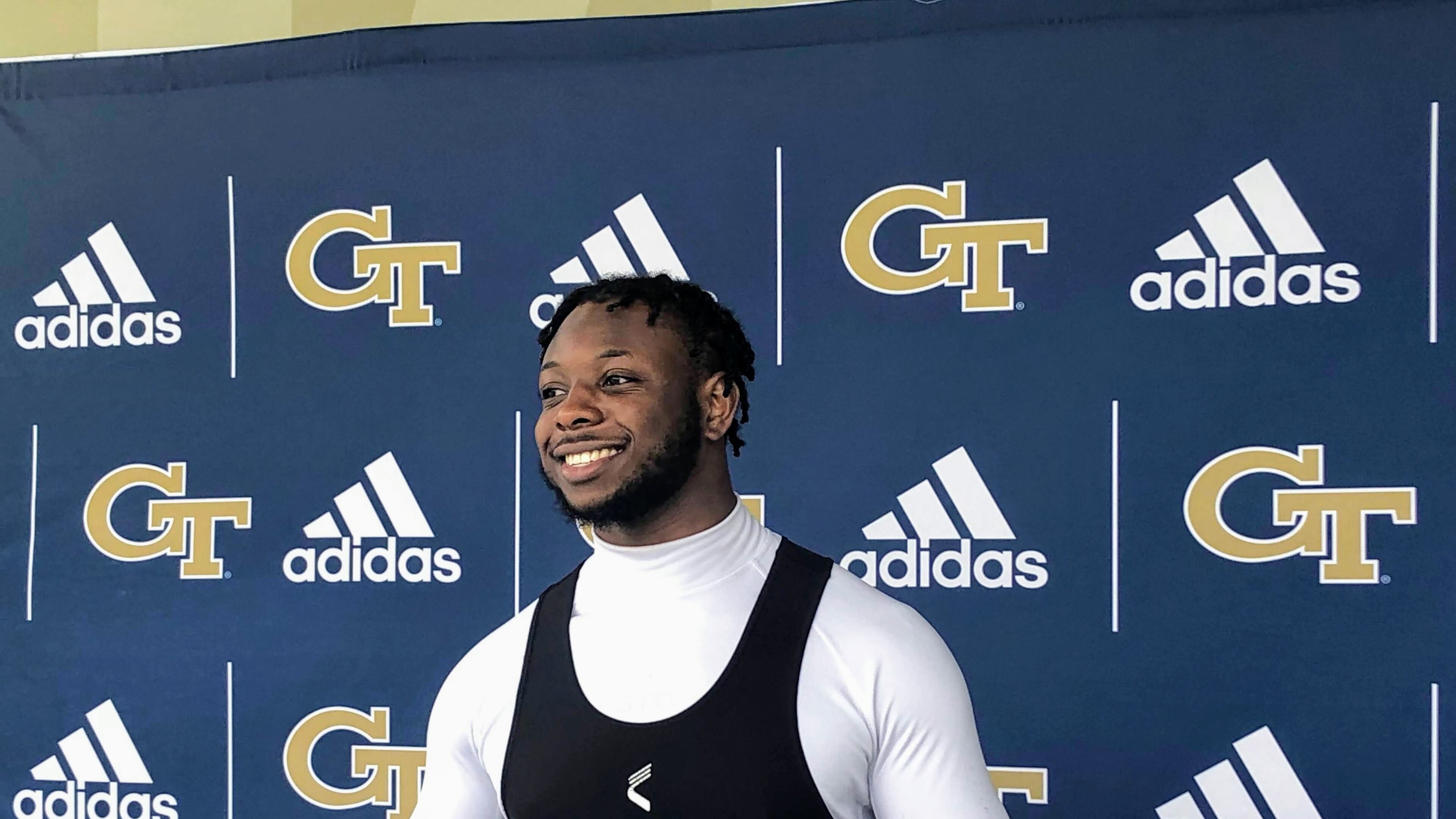 Georgia Tech running back Hassan Hall speaks with media at Bobby Dodd Stadium following spring practice March 11, 2022. (AJC photo by Ken Sugiura)