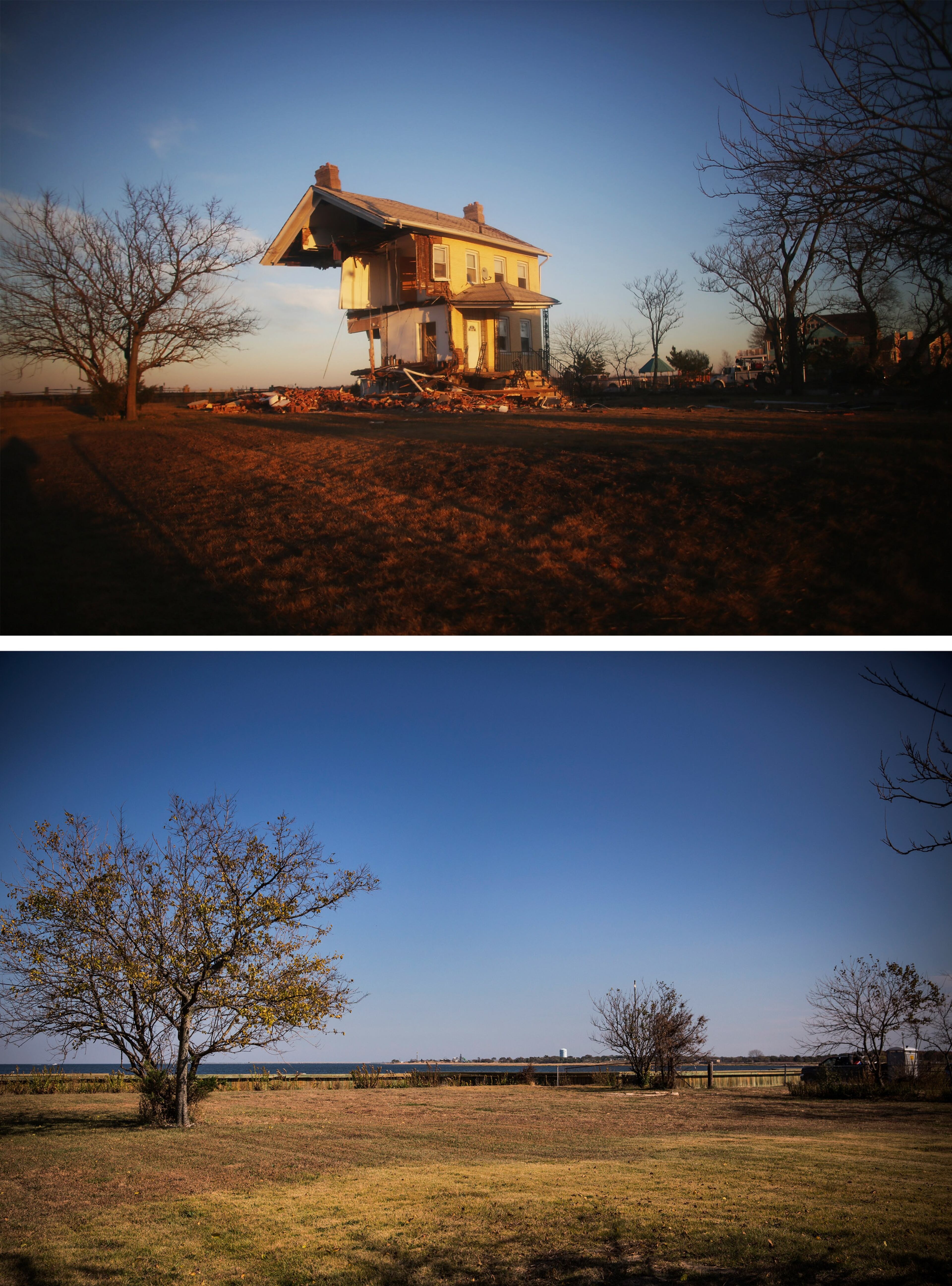 UNION BEACH, NJ - NOVEMBER 21: (top) The iconic Princess Cottage, built in 1855, remains standing after being ravaged by flooding caused by Superstorm Sandy November 21, 2012 in Union Beach, New Jersey. (Photo by Mario Tama/Getty Images) UNION BEACH, NJ - OCTOBER 22: (bottom) The spot was the Princess Cottage used to be is shown October 22, 2013 in Union Beach, New Jersey. Hurricane Sandy made landfall on October 29, 2012 near Brigantine, New Jersey and affected 24 states from Florida to Maine and cost the country an estimated $65 billion. (Photo by Andrew Burton/Getty Images)