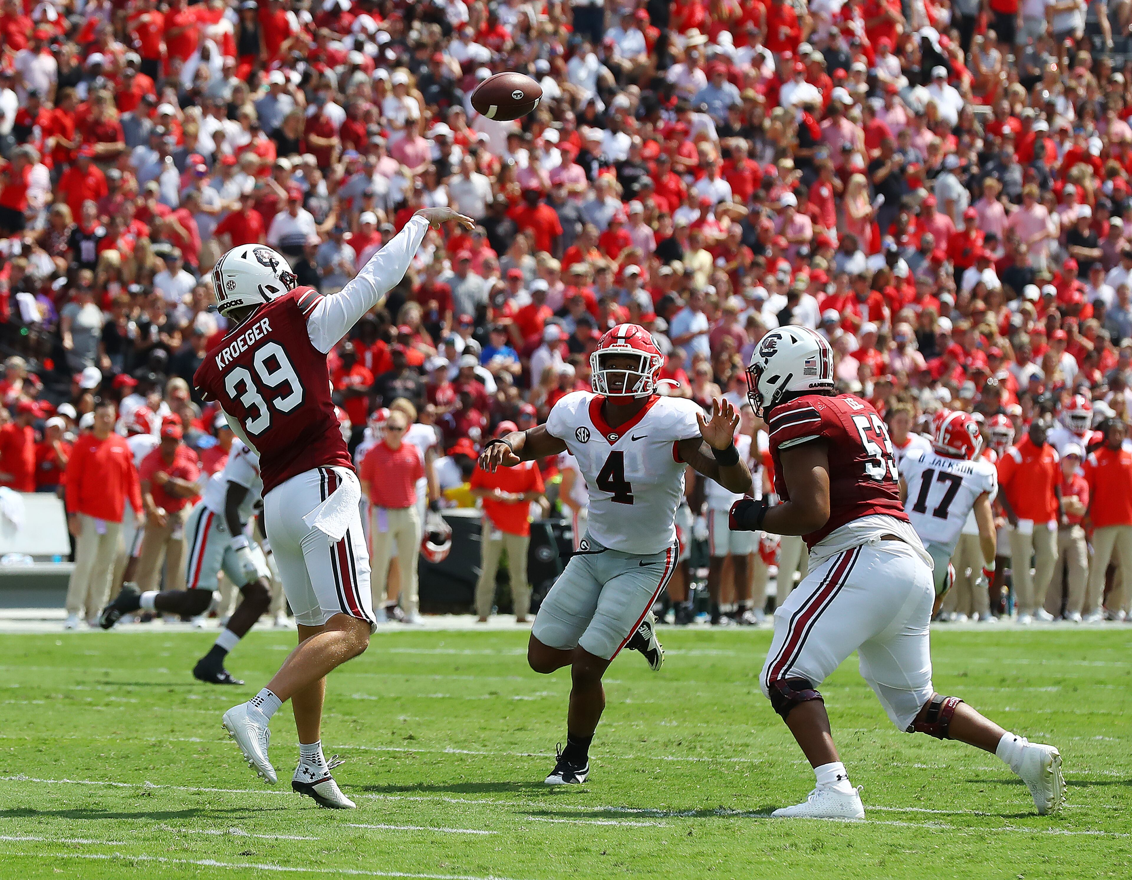 South Carolina punter Kai Kroeger throws for a first down on a fake punt on fourth down during the first quarter in a NCAA college football game on Saturday, Sept. 17, 2022, in Columbia. “Curtis Compton / Curtis Compton@ajc.com