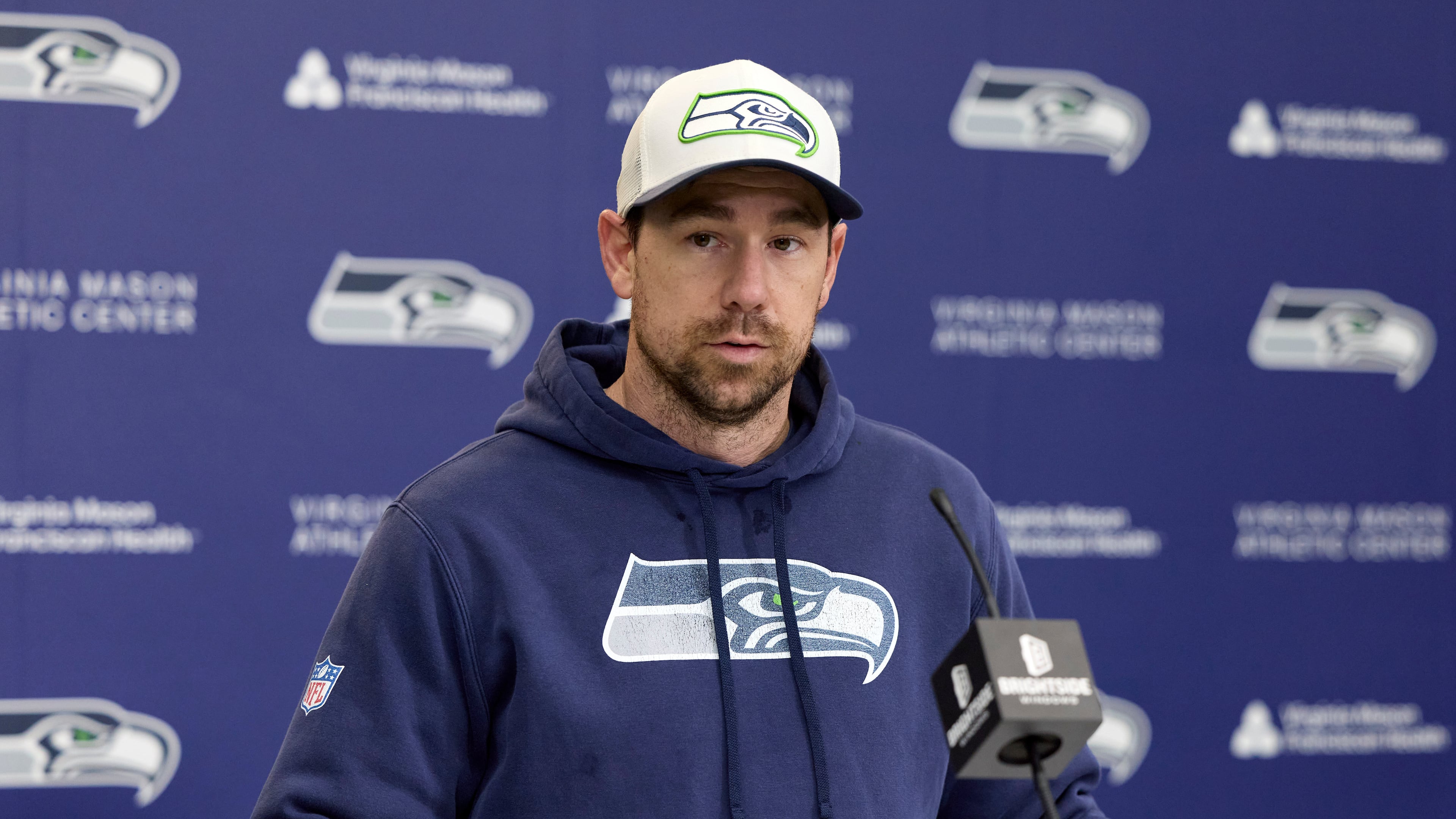Seattle Seahawks offensive coordinator Klint Kubiak speaks during news conference at the team's facilities, Thursday, Jan. 22, 2026, in Seattle. (AP Photo/John Froschauer)