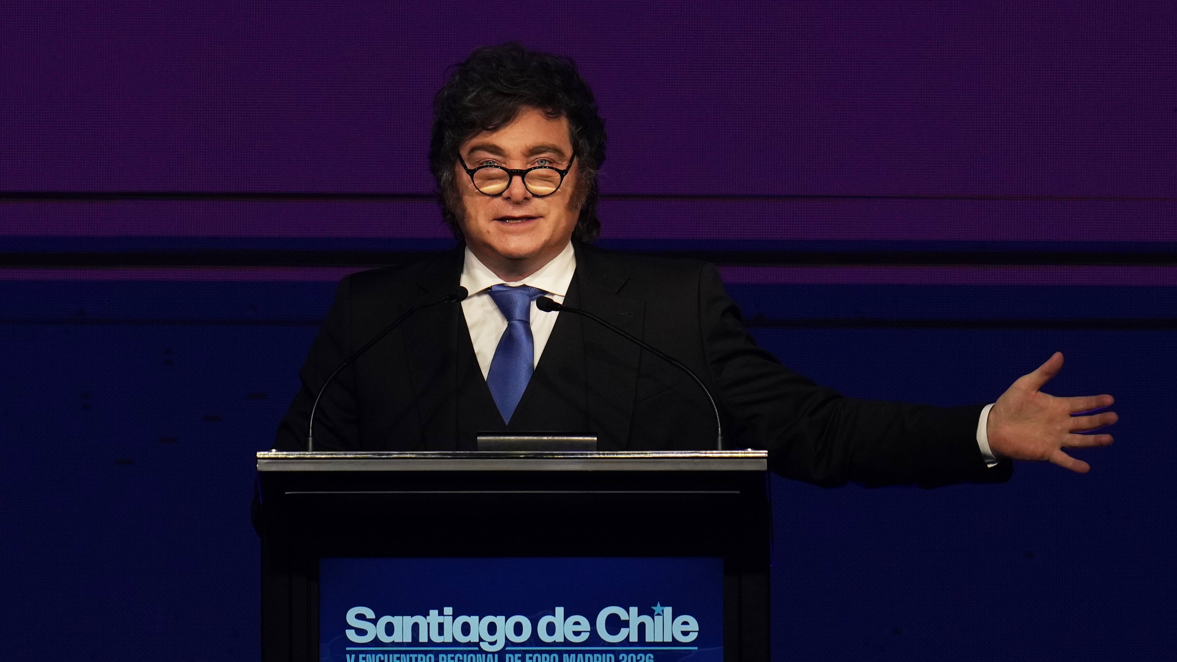 Argentina's President Javier Milei speaks at the Madrid Forum in Santiago, Chile, Thursday, Sept. 3, 2026. (AP Photo/Esteban Felix)