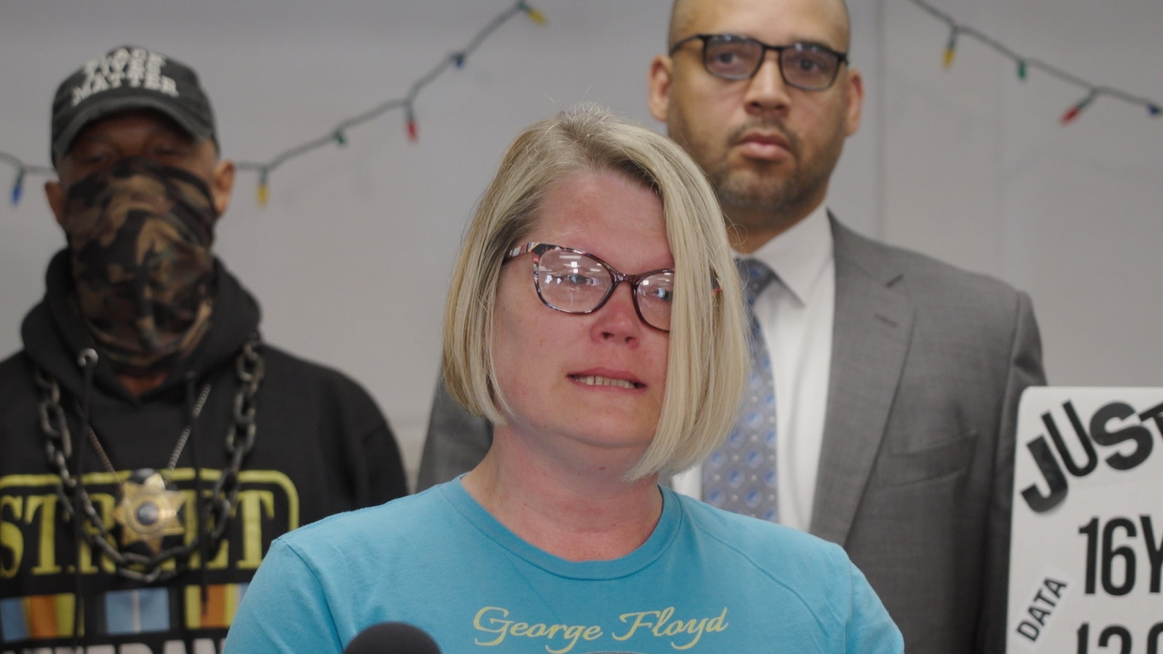 In this photo made from a video, Courteney Ross, George Floyd's girlfriend, speaks to reporters on Thursday, June 4, 2026, in Minneapolis, about a moment of silence honoring former Minneapolis police officer Derek Chauvin that was held at a state GOP convention. (AP Photo/Mark Vancleave) CORRECTION: Name corrected to Floyd instead of Flyod