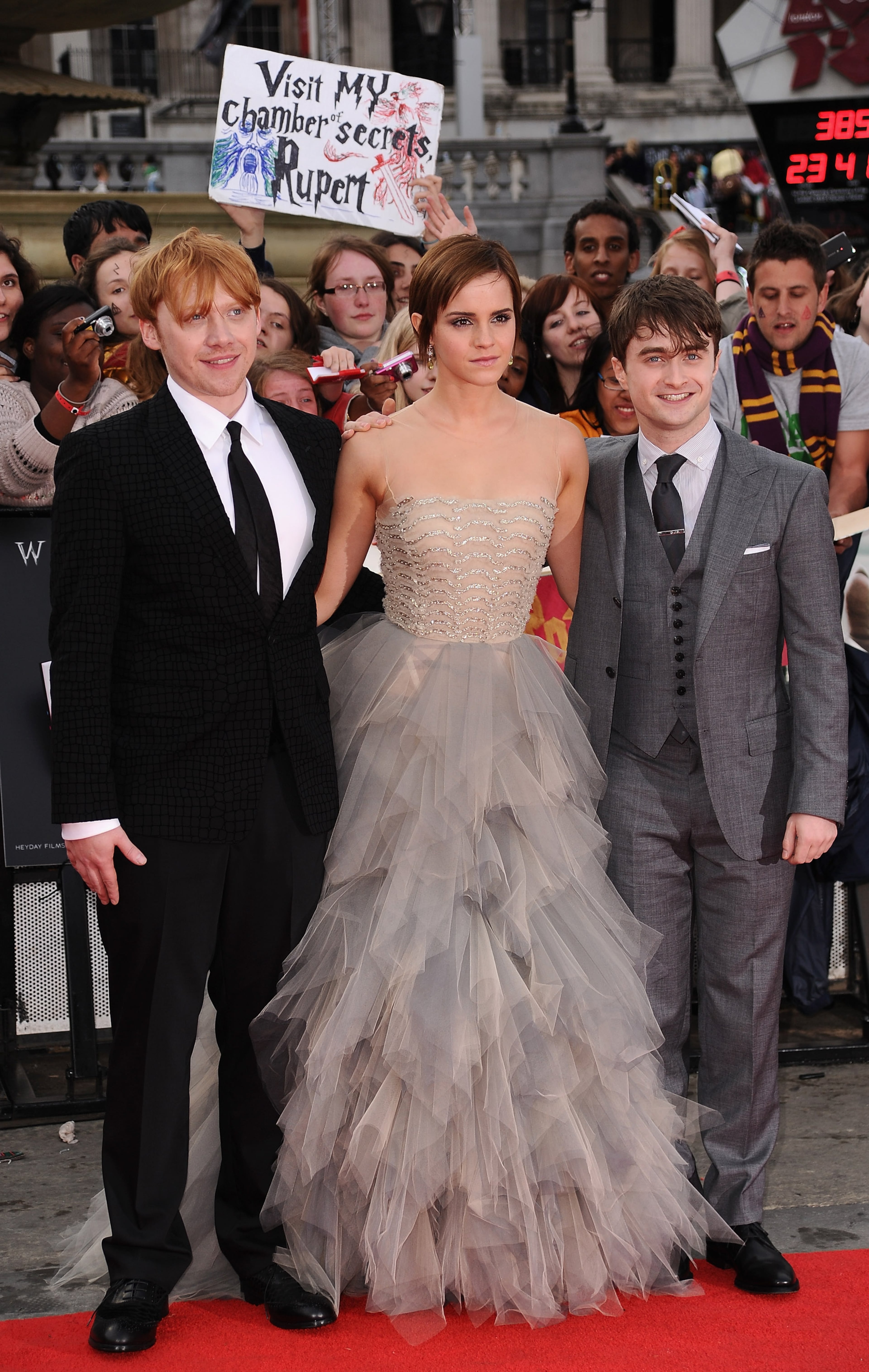 Rupert Grint, Emma Watson and Daniel Radcliffe attend the World Premiere of Harry Potter and The Deathly Hallows - Part 2 at Trafalgar Square on July 7, 2011 in London, England. (Photo by Ian Gavan/Getty Images)