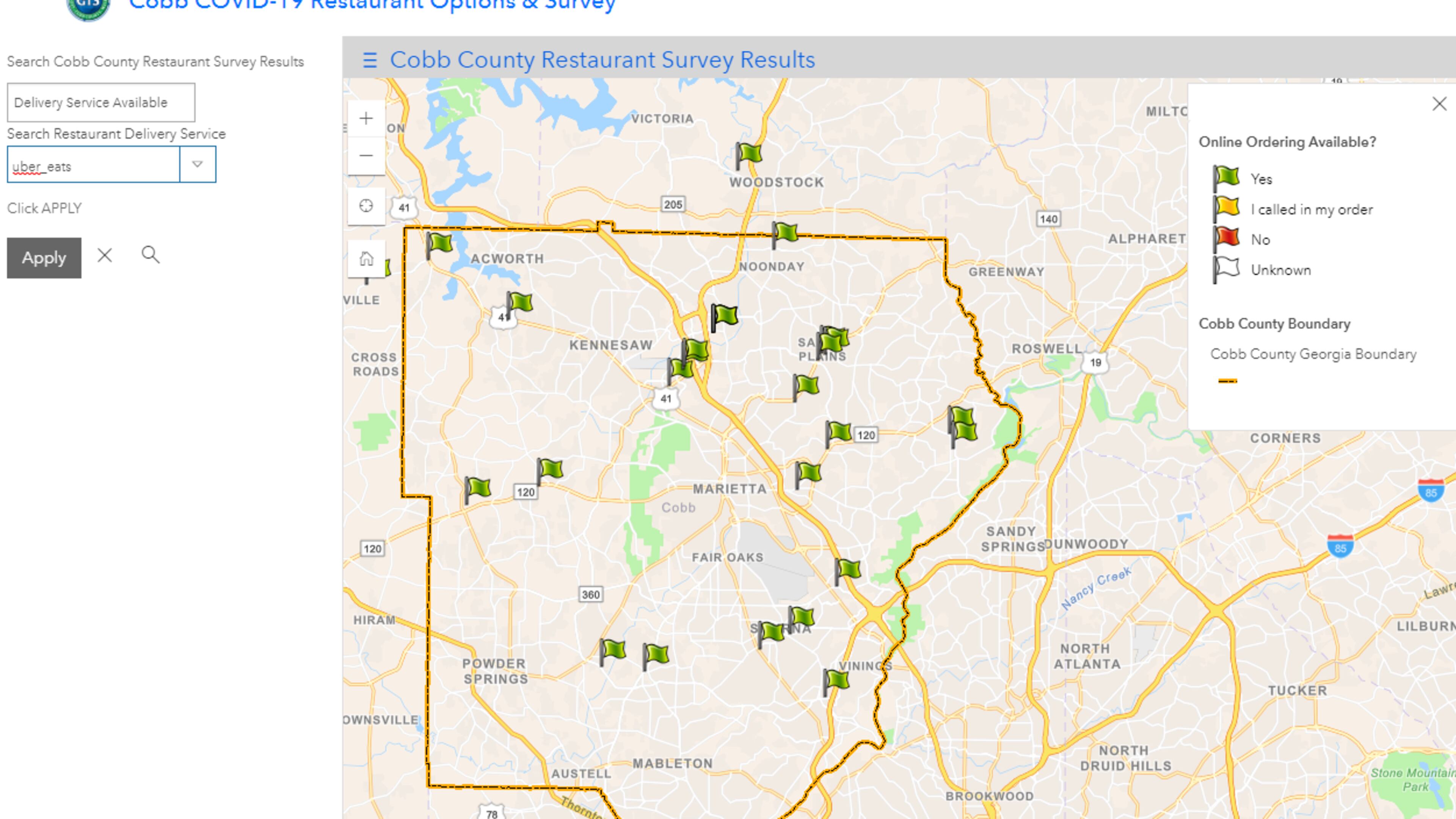 This map shows user-submitted information about restaurants that are delivering to customers using Uber Eats.