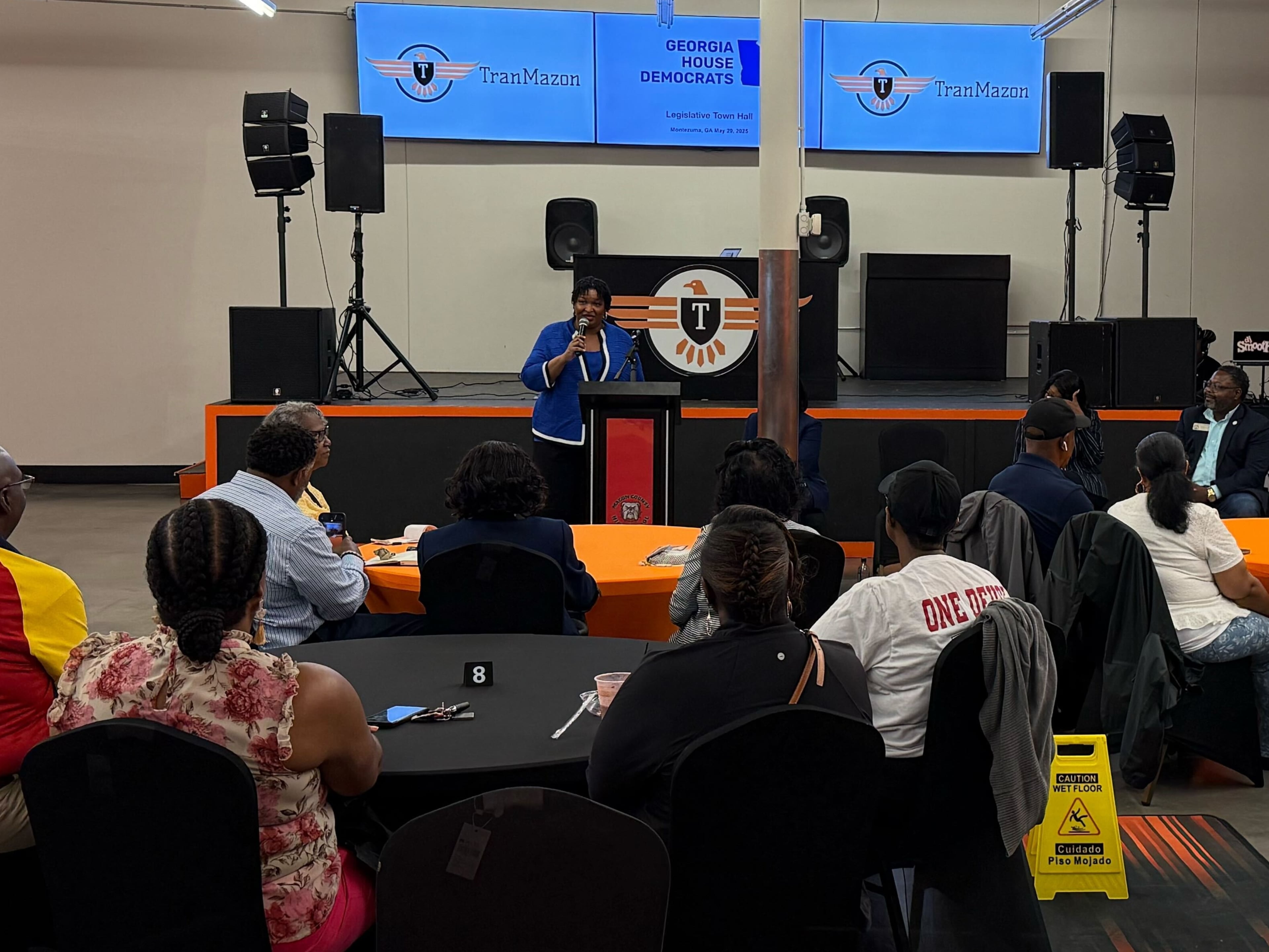 Stacey Abrams spoke at an event in Montezuma on Thursday as part of a listening tour organized by Democrats in the Georgia House of Representatives.