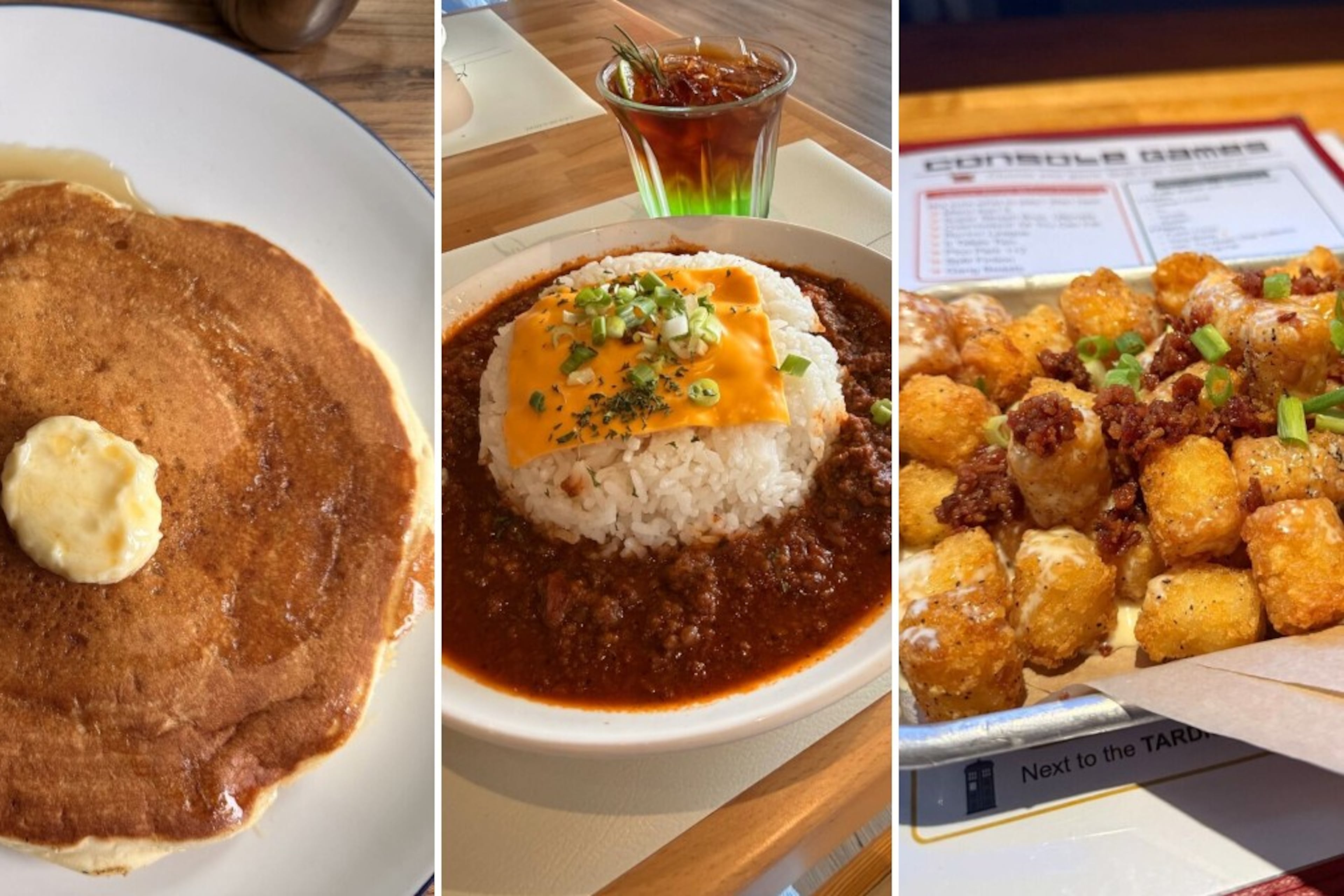 Justin Brown, aka the Real Food Stalker, has an all-day itinerary for an outing just north of Atlanta that includes breakfast at Buttermilk Kitchen (left), lunch and crafting at ScentTok Craft Cafe (center) and dinner and gaming at Battle & Brew (right). (Justin Brown for the AJC)
