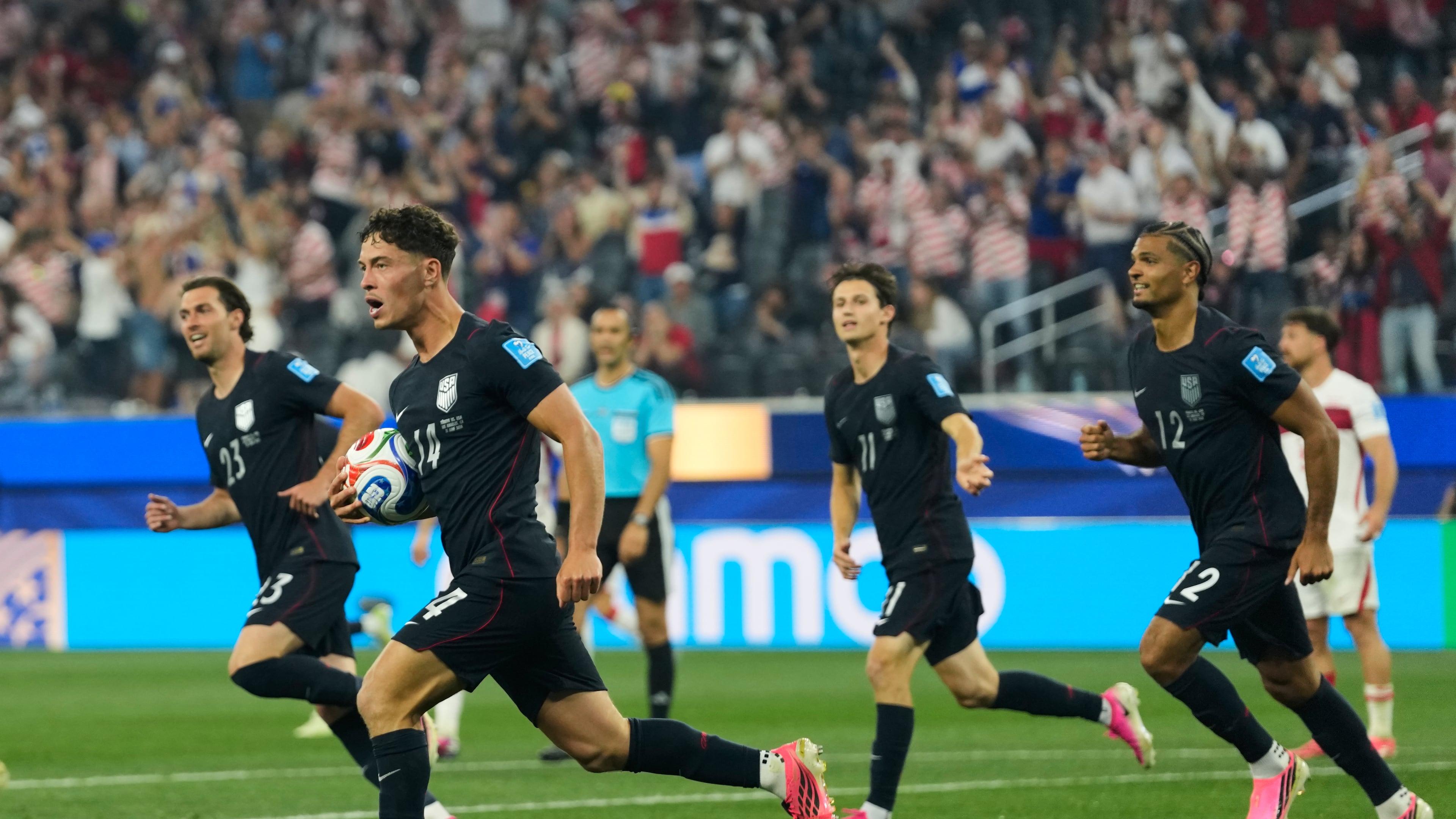 United States' Sebastian Berhalter (14) celebrates scoring his side's second goal against Turkey during the World Cup Group D soccer match in Inglewood, Calif., near Los Angeles, Thursday, June 25, 2026. (AP Photo/Andre Penner)