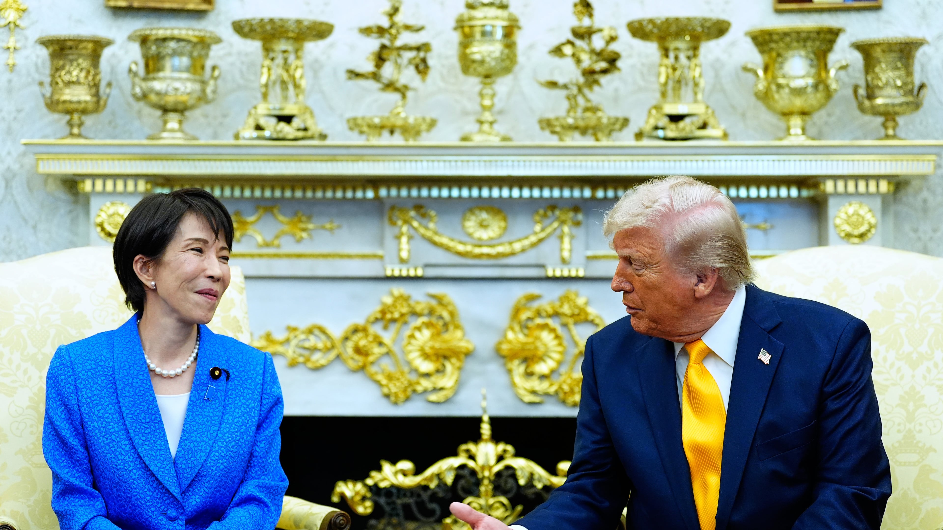 President Donald Trump speaks with Japan's Prime Minister Sanae Takaichi in the Oval Office of the White House, Thursday, March 19, 2026, in Washington. (AP Photo/Alex Brandon)