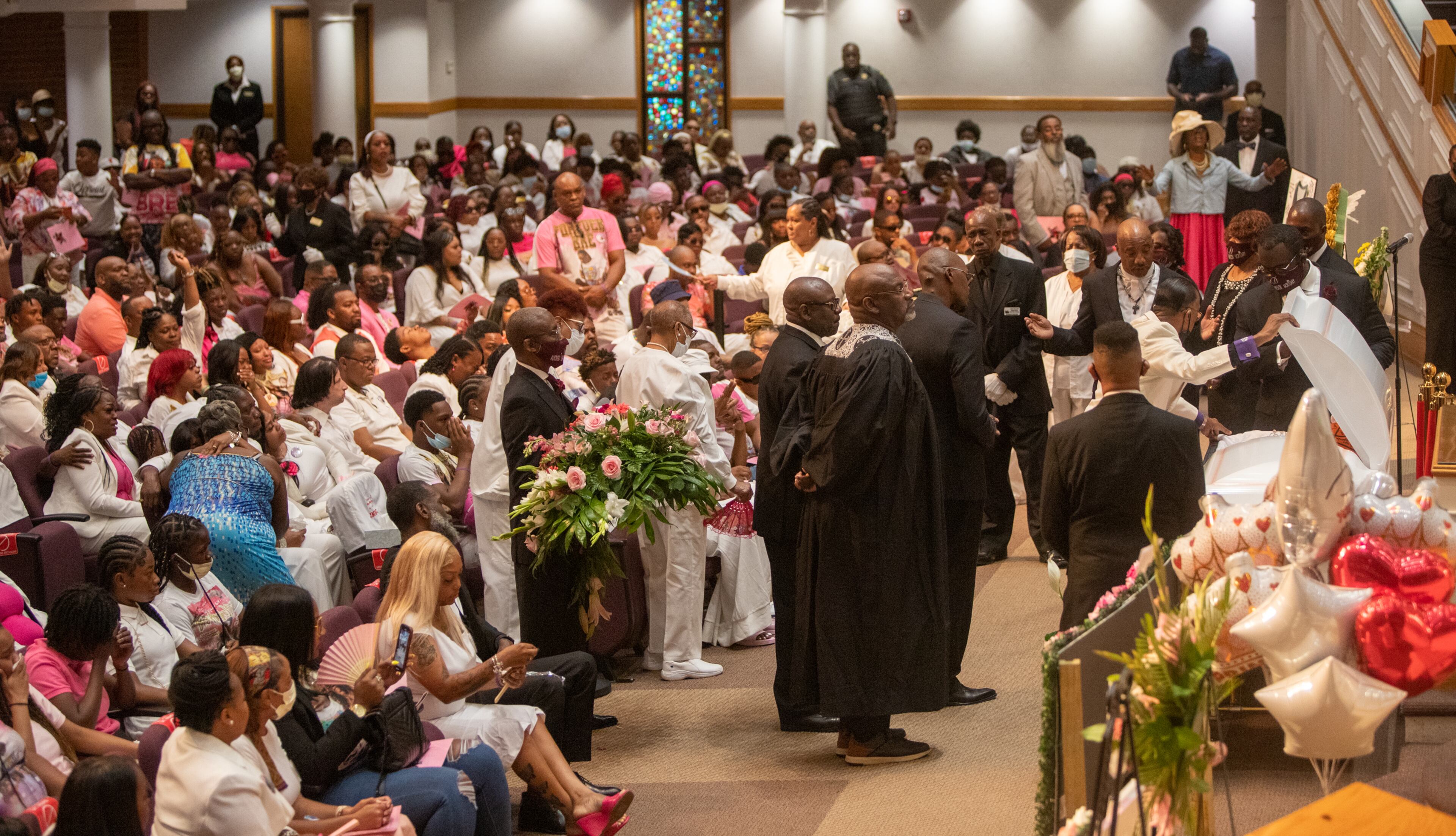 Friends, classmates and members of the community attend Bre’Asia Powell’s memorial service at Jackson Memorial Baptist Church in Atlanta on Saturday, June 3, 2023. Powell, 16, was fatally shot at a graduation party outside Benjamin E. Mays High School. (Jenni Girtman for The Atlanta Journal-Constitution)