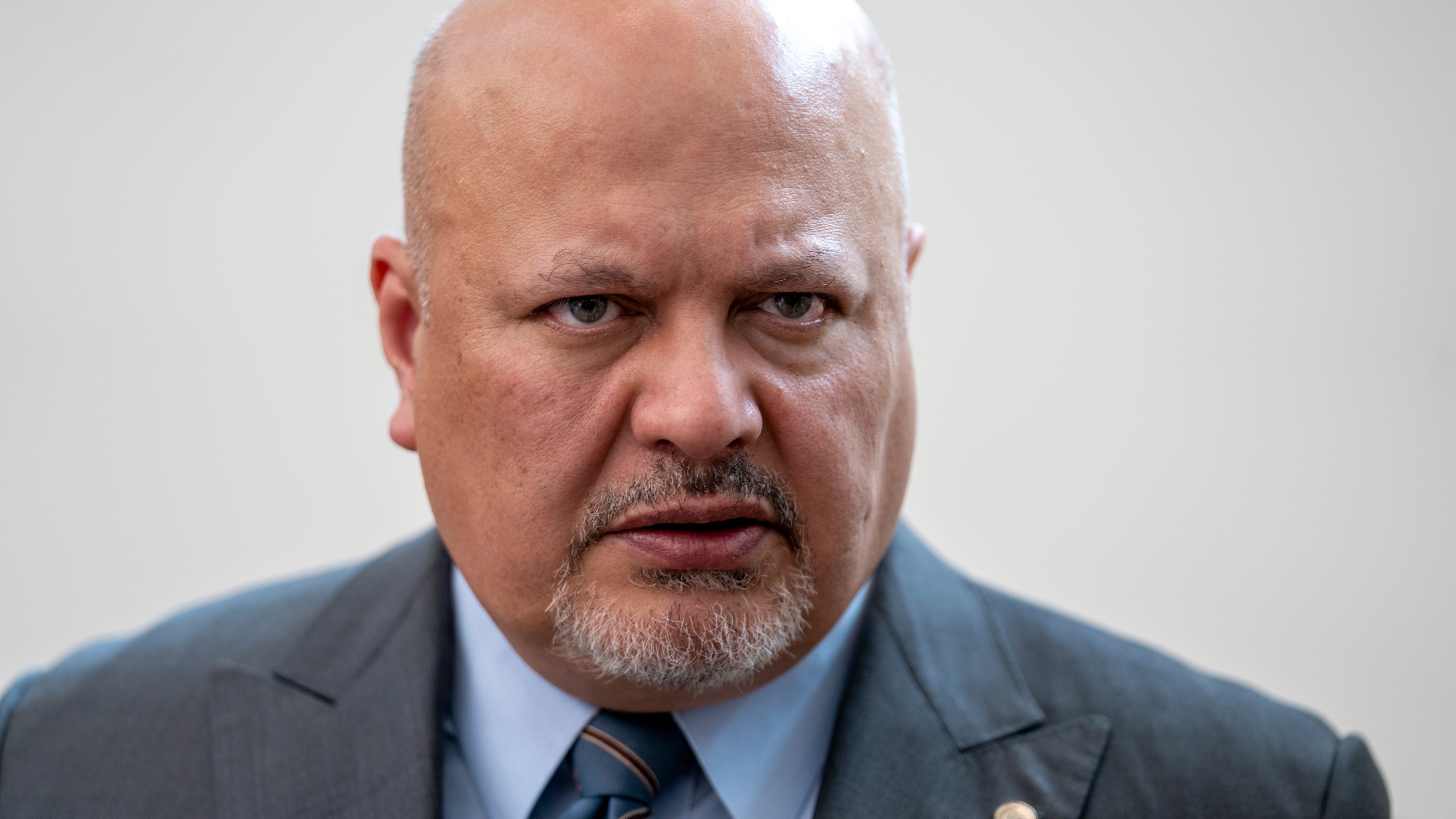 FILE - Karim Khan, Prosecutor of the International Criminal Court, looks up prior to a press conference in The Hague, Netherlands, July 3, 2023. (AP Photo/Peter Dejong, File)