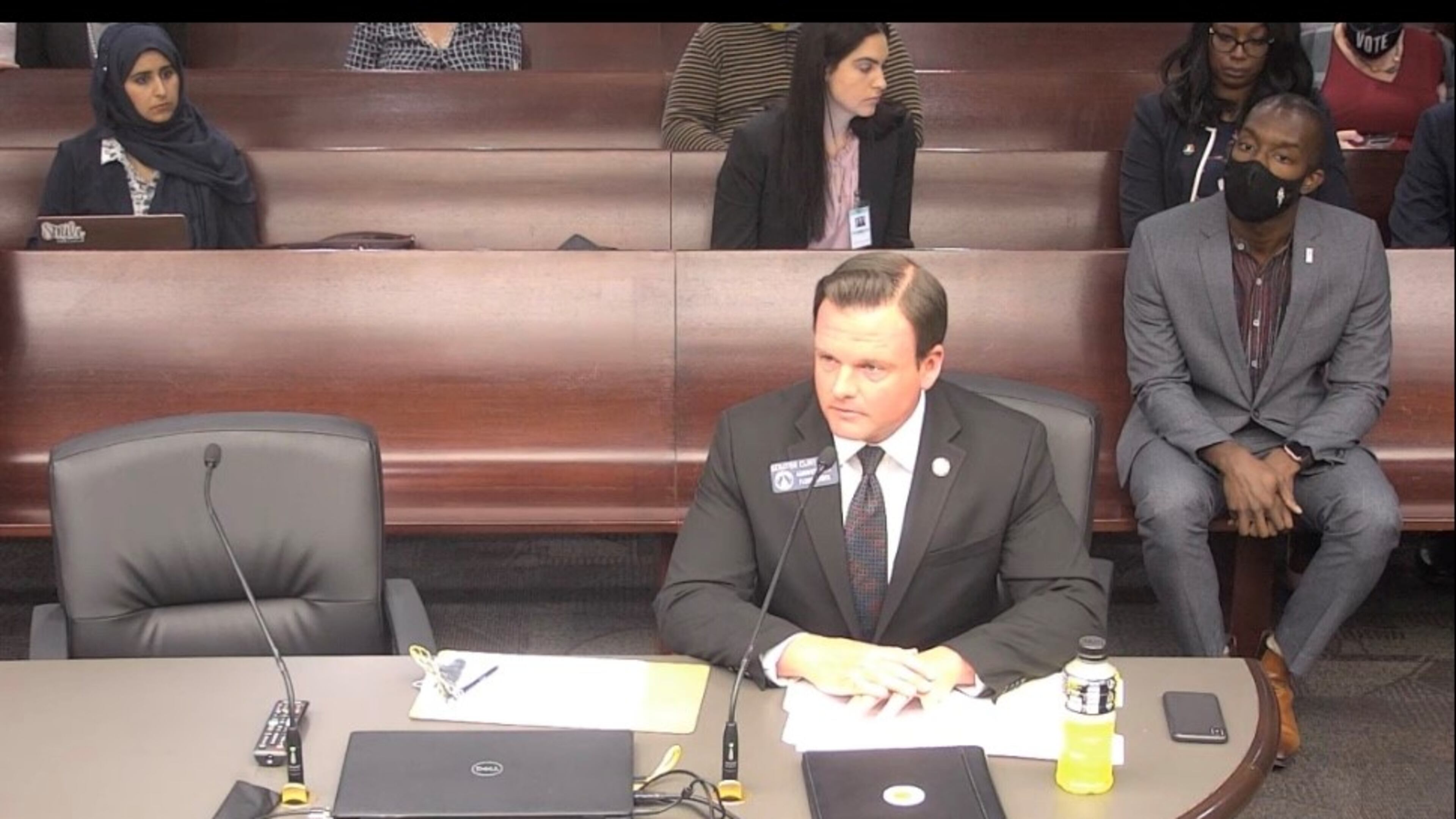 Senate Bill 514 by Sen. Clint Dixon, R-Buford (seated above) wouldn’t stop schools from requiring masks but would prevent them from enforcing such mandates. The bill advanced through a state House committee Monday and will likely get a final vote soon. (File photo)