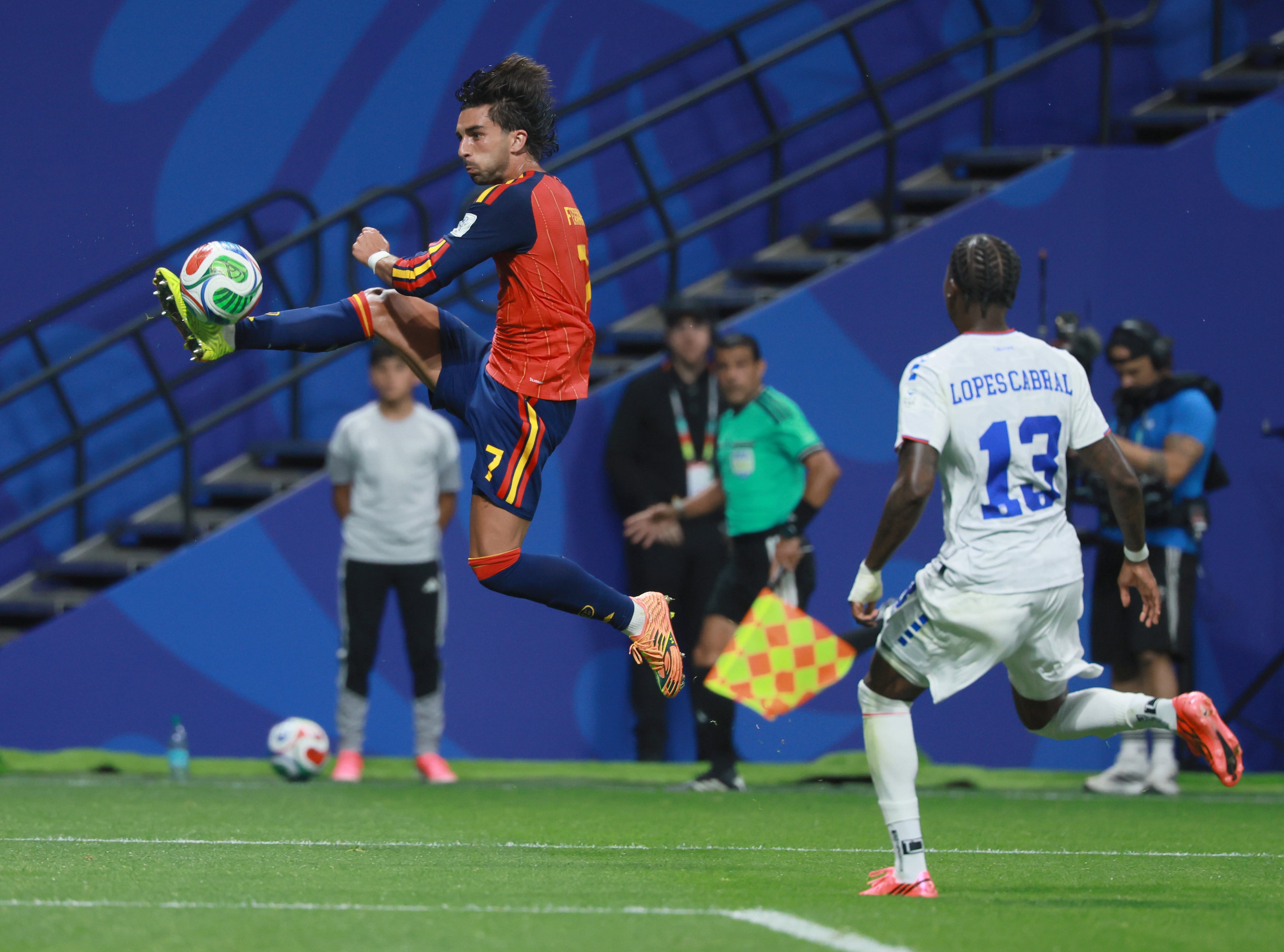 Spain's Ferran Torres keeps the ball ahead of Cape Verde's Sidny Lopes Cabral (right) during first half of Spain vs. Cape Verde Group H match at Atlanta Stadium (Mercedes-Benz Stadium) on Monday, June 15, 2026. (Jason Getz/AJC)