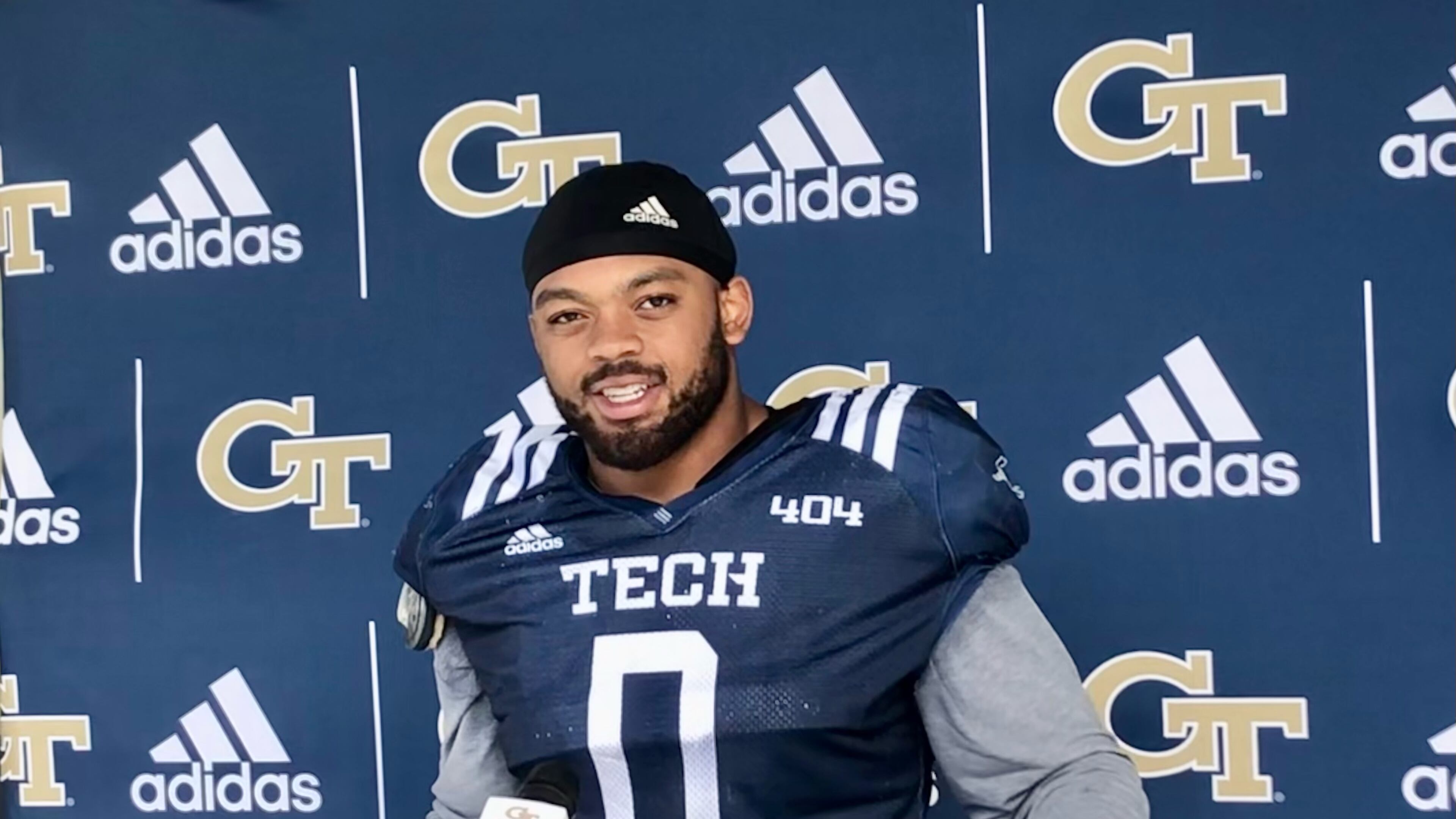 Georgia Tech defensive tackle Djimon Brooks speaks with media following practice at Bobby Dodd Stadium Nov. 3, 2021. (AJC photo by Ken Sugiura)