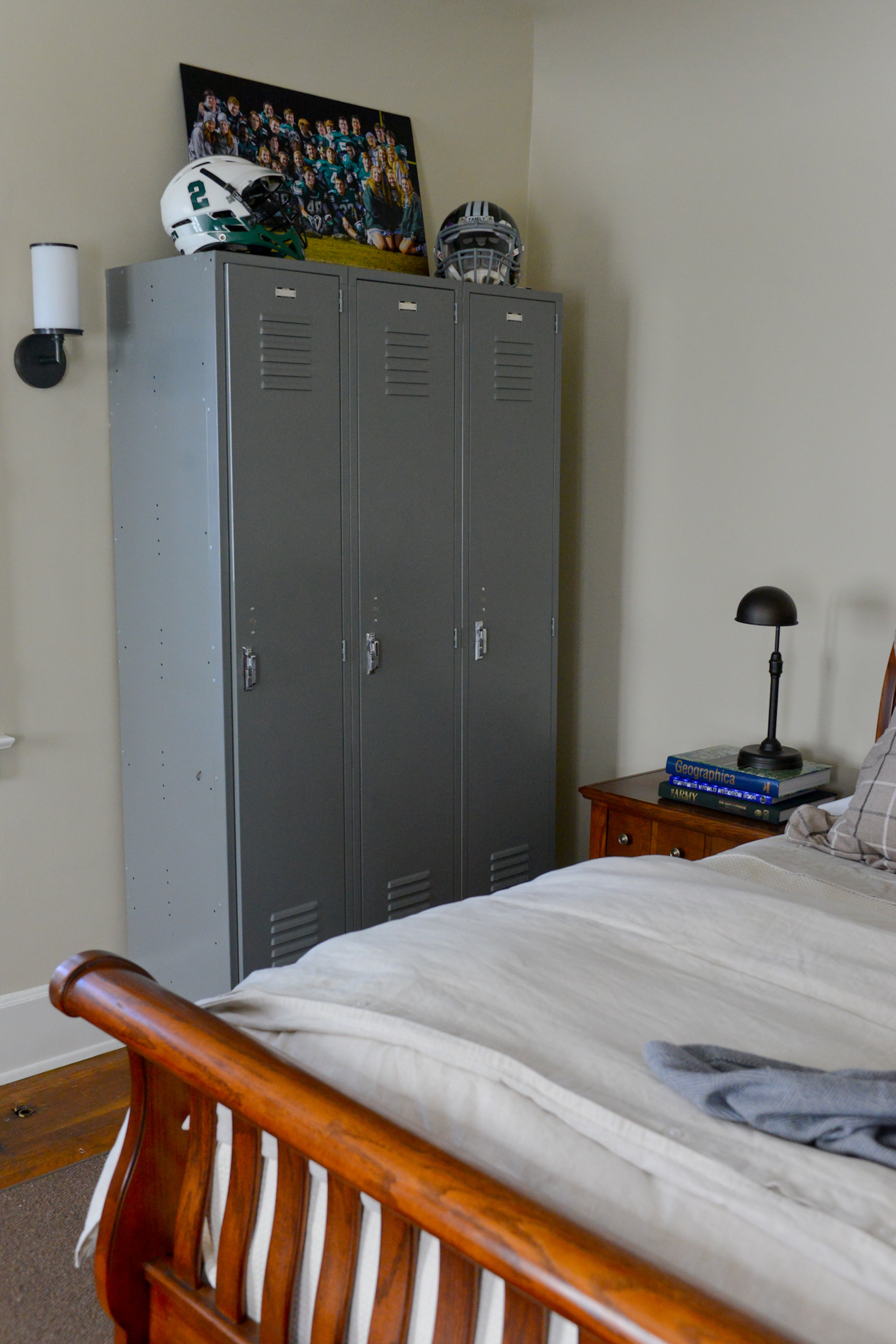 Because Keenan and Danielle Nix were bringing up their children at the same time they were renovating their home, it was important to keep family function at the forefront of all designs. Lockers serve as bedroom storage.