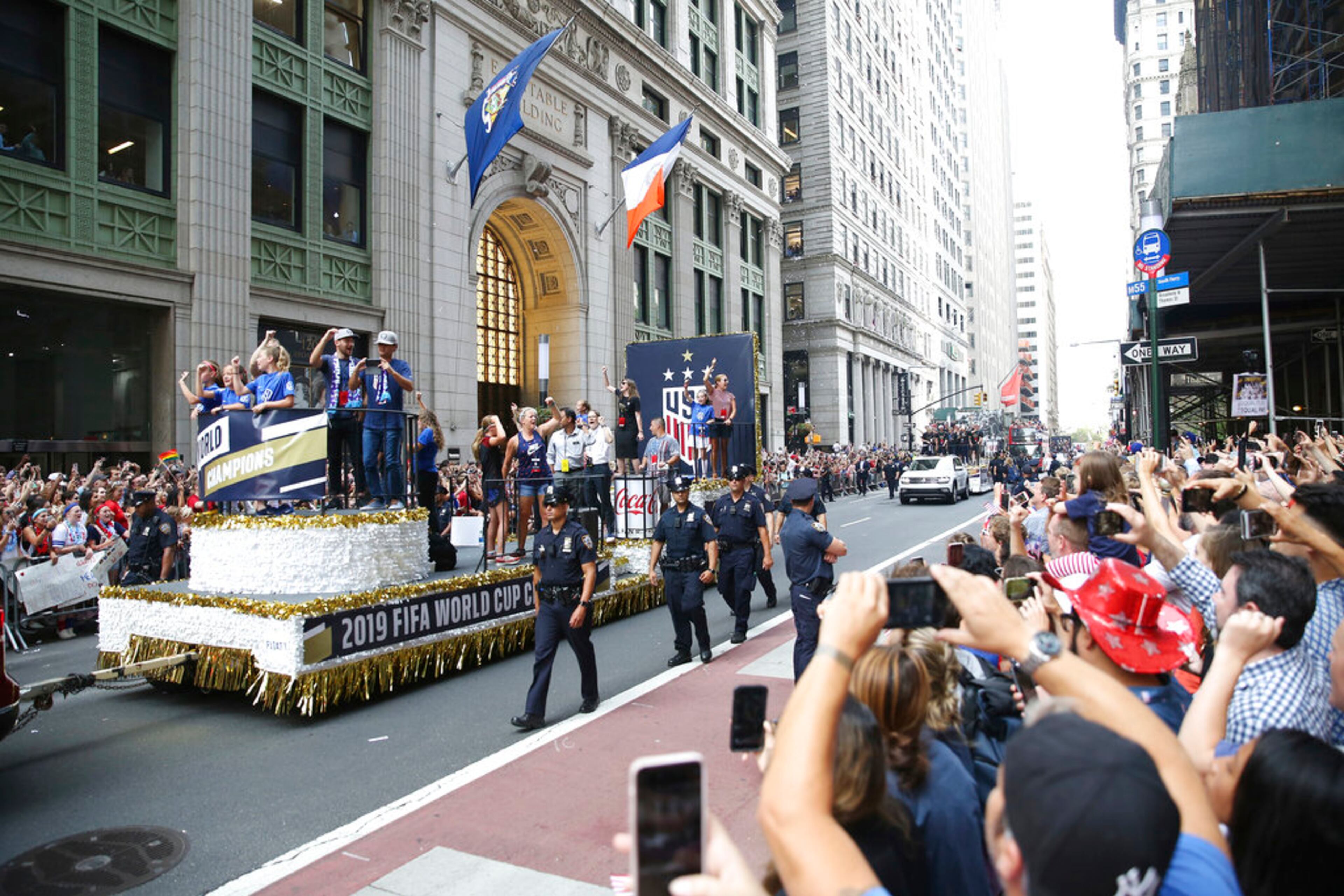 A general view of a float on Broadway during a ticker tape parade along the Canyon of Heroes honoring the U.S. national women's soccer team, Wednesday, July 10, 2019, in New York. The U.S. national team beat the Netherlands 2-0 to capture a record fourth Women's World Cup title. (AP Photo/Steve Luciano)