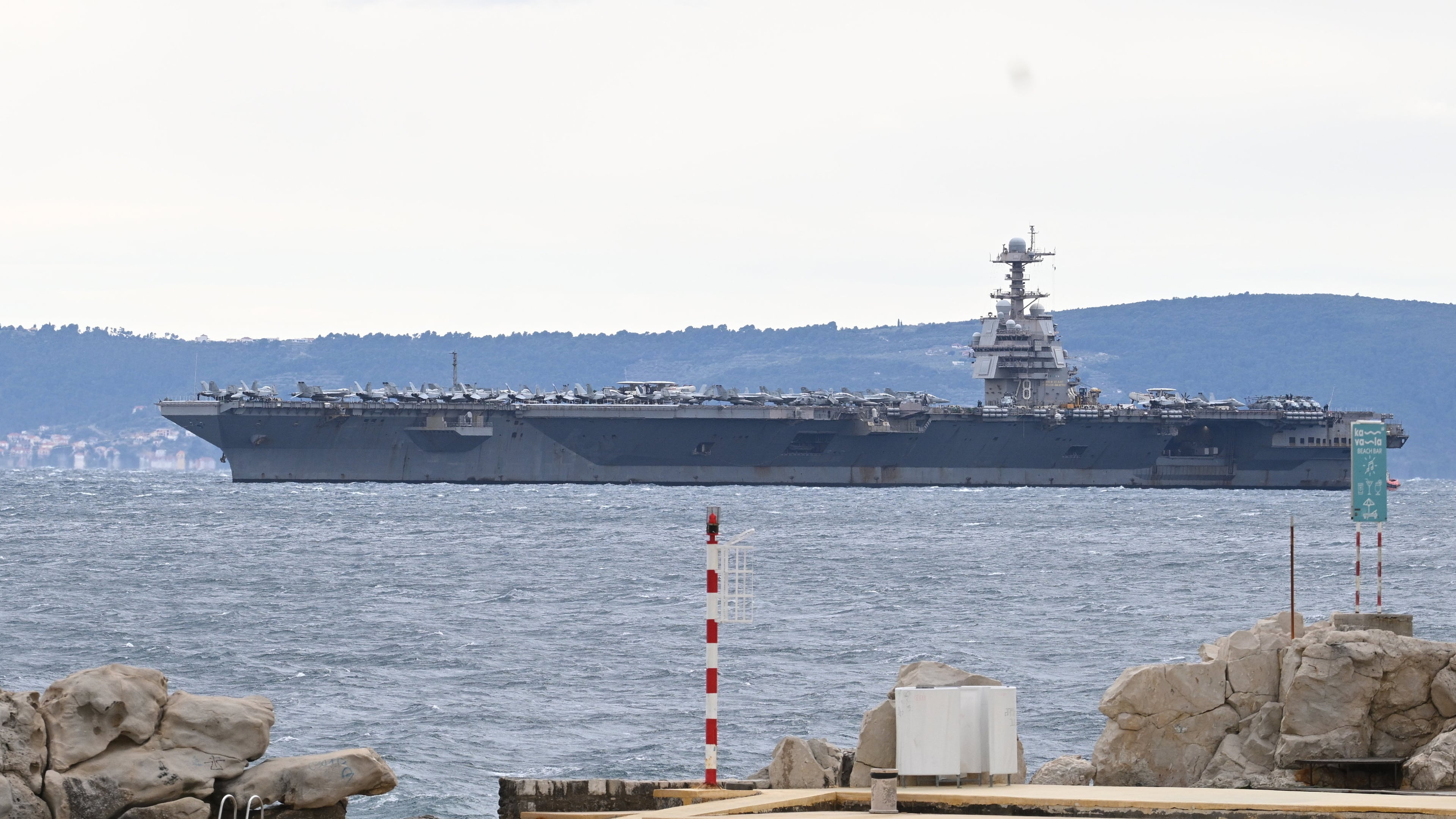 USS Gerald R. Ford arrives to the port of Split, Croatia, Saturday, March 28, 2026. (AP Photo/Tom Dubravec)