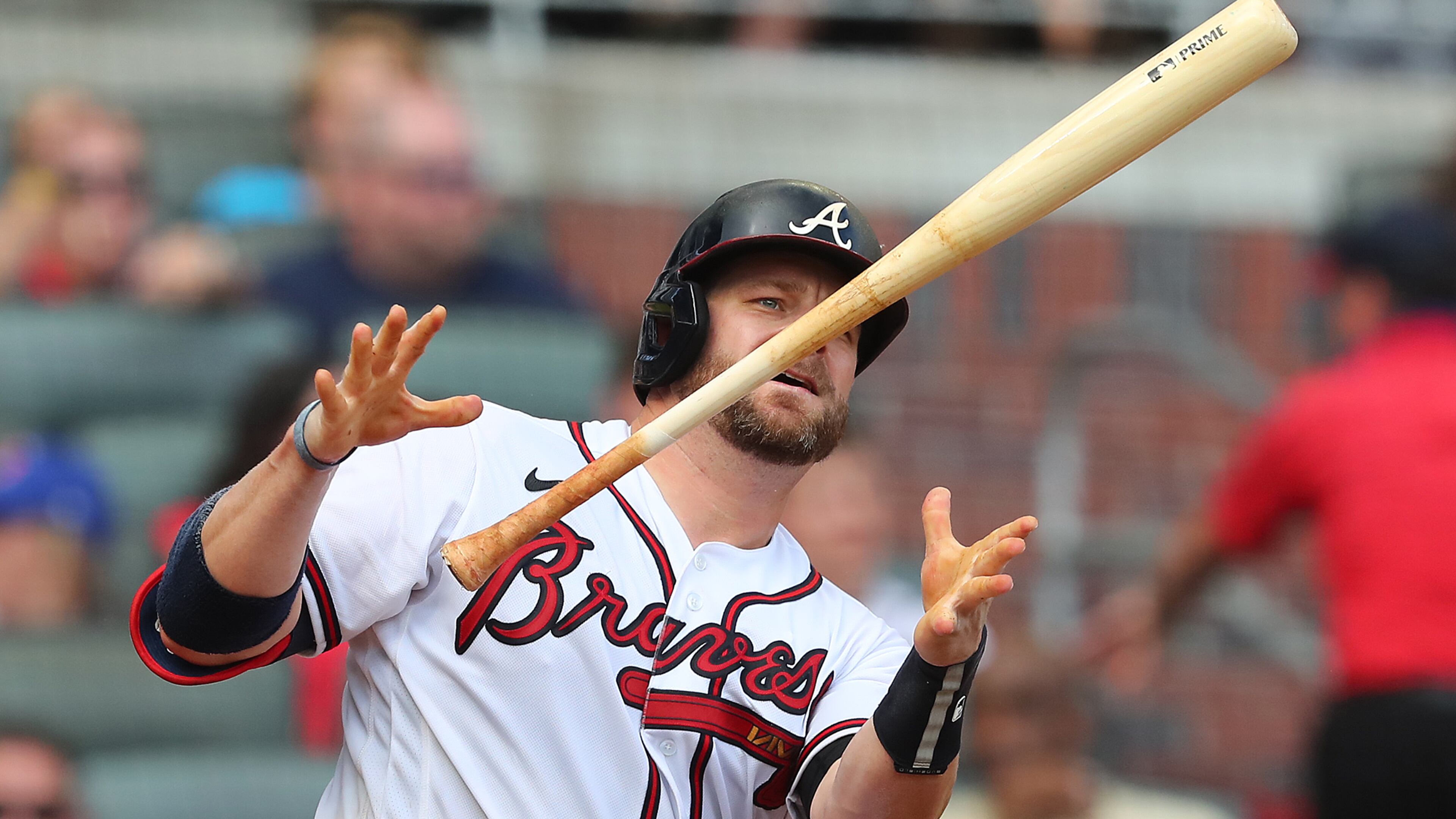 0Braves catcher Stephen Vogt loses control of his bat while taking strike three for the out against the Cincinnati Reds during the second inning of a MLB baseball game on Thursday, August 12, 2021, in Atlanta. “Curtis Compton / Curtis.Compton@ajc.com”