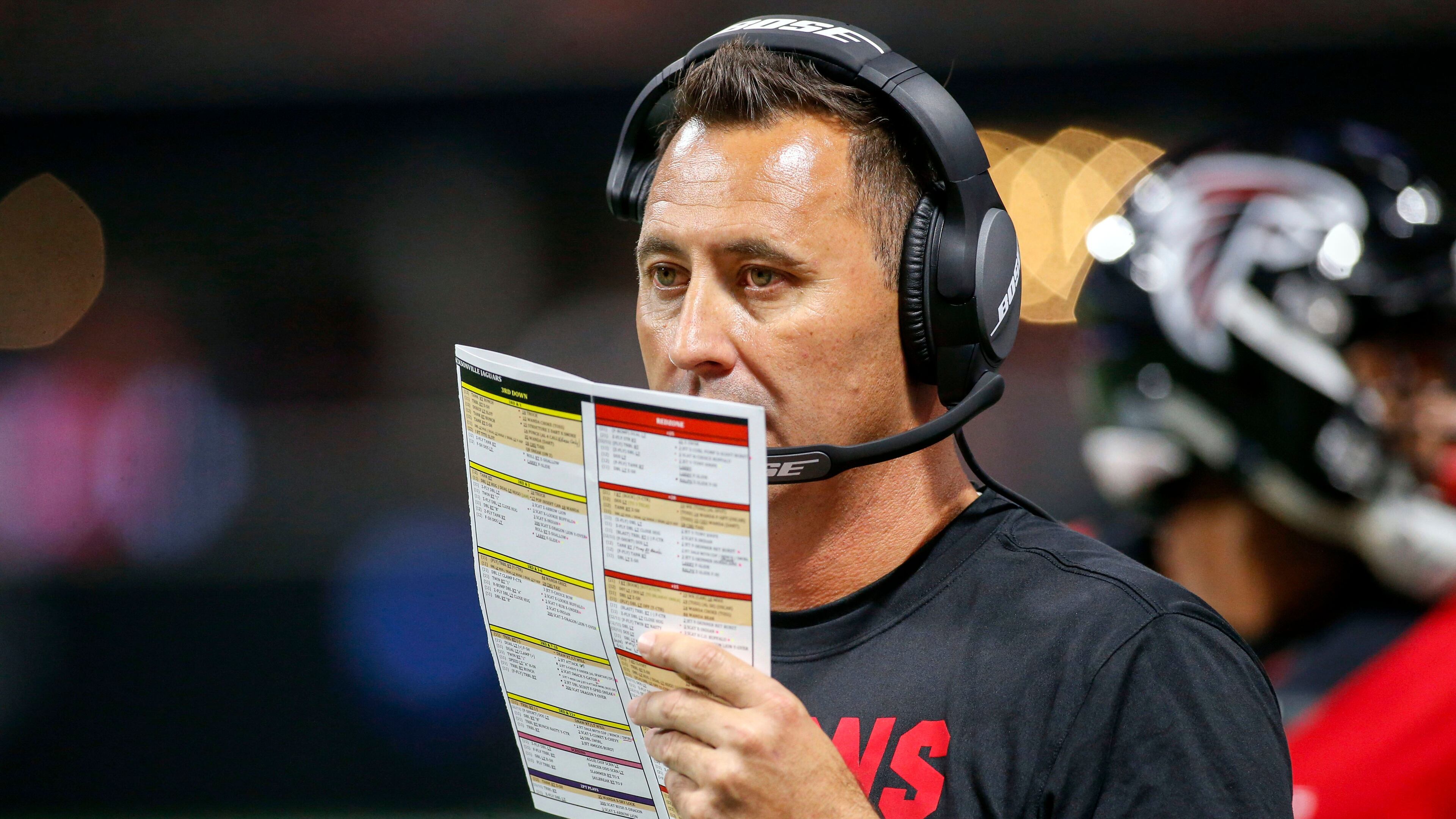 Atlanta Falcons offensive coordinator Steve Sarkisian calls a play against the Jacksonville Jaguars in the third quarter at Mercedes-Benz Stadium.