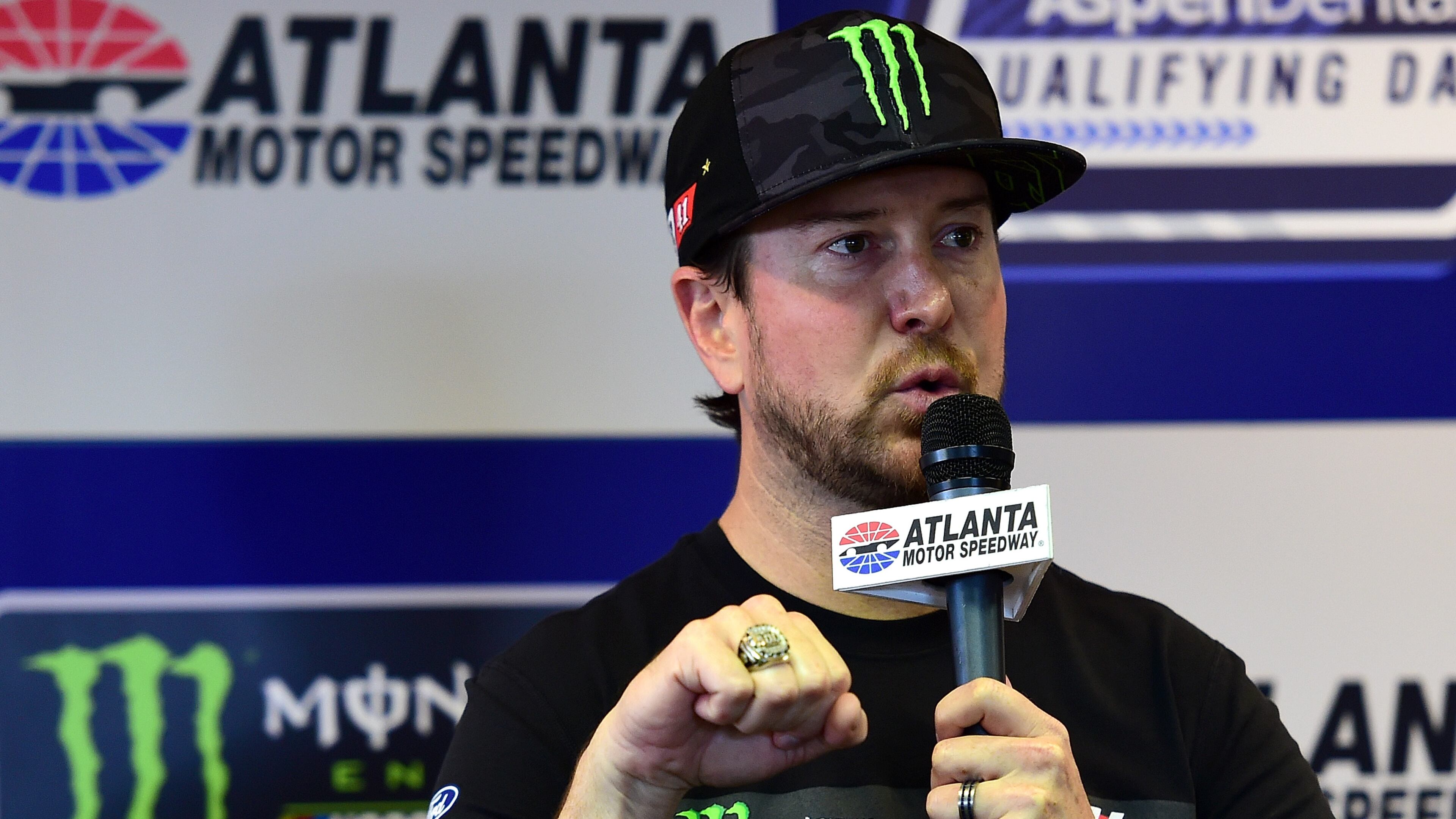 Kurt Busch, driver of the No. 41 Monster Energy/Haas Automation Ford, speaks with the media before practice for the Monster Energy NASCAR Cup Series Folds of Honor QuickTrip 500 at Atlanta Motor Speedway on March 3, 2017 in Hampton, Georgia. (Photo by Jared C. Tilton/Getty Images)