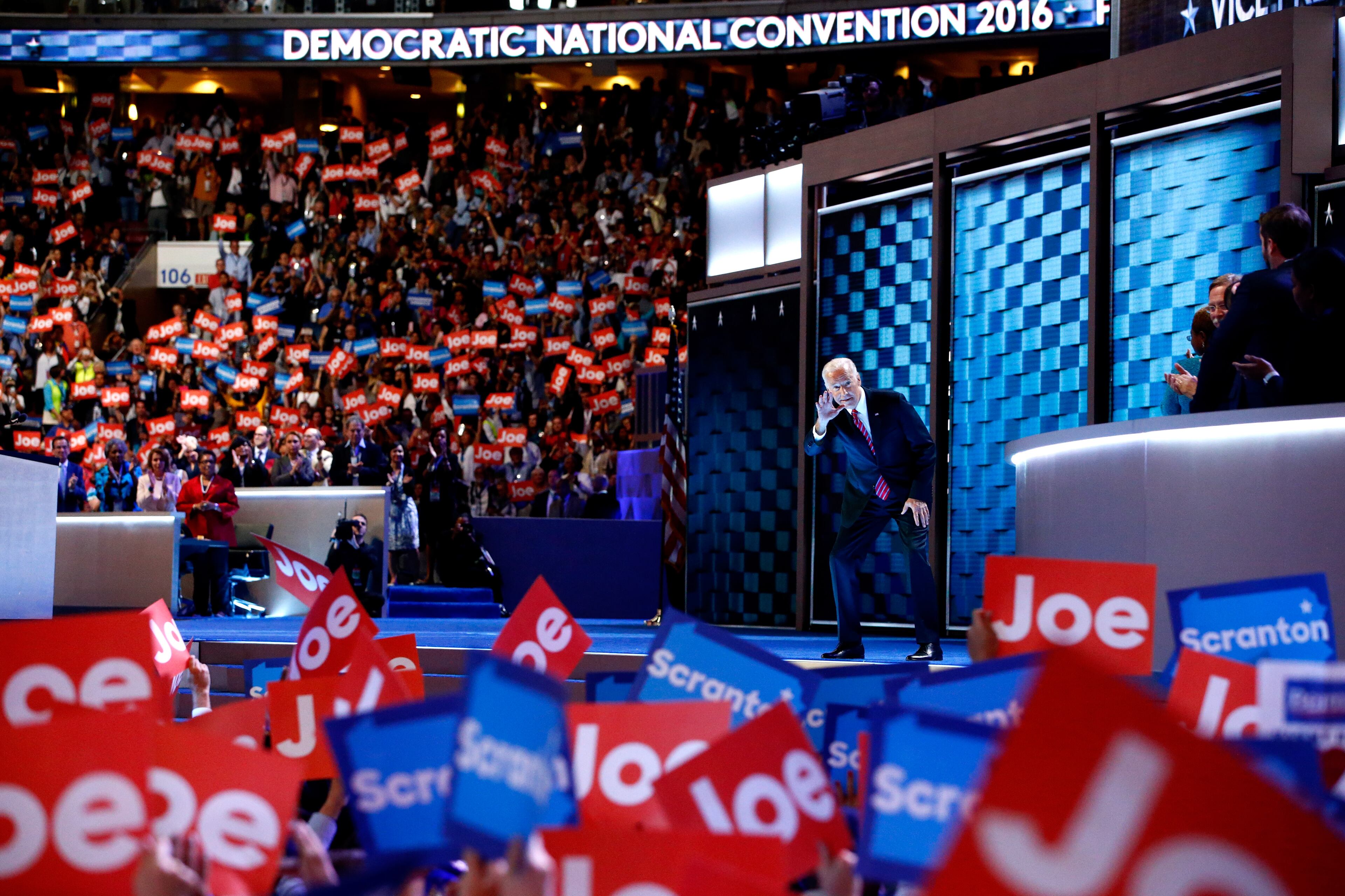 U.S. Vice President Joe Biden waves to the crowd as he arrives on stage to deliver remarks on the third day of the Democratic National Convention at the Wells Fargo Center, July 27, 2016 in Philadelphia. (Photo by Aaron P. Bernstein/Getty Images)