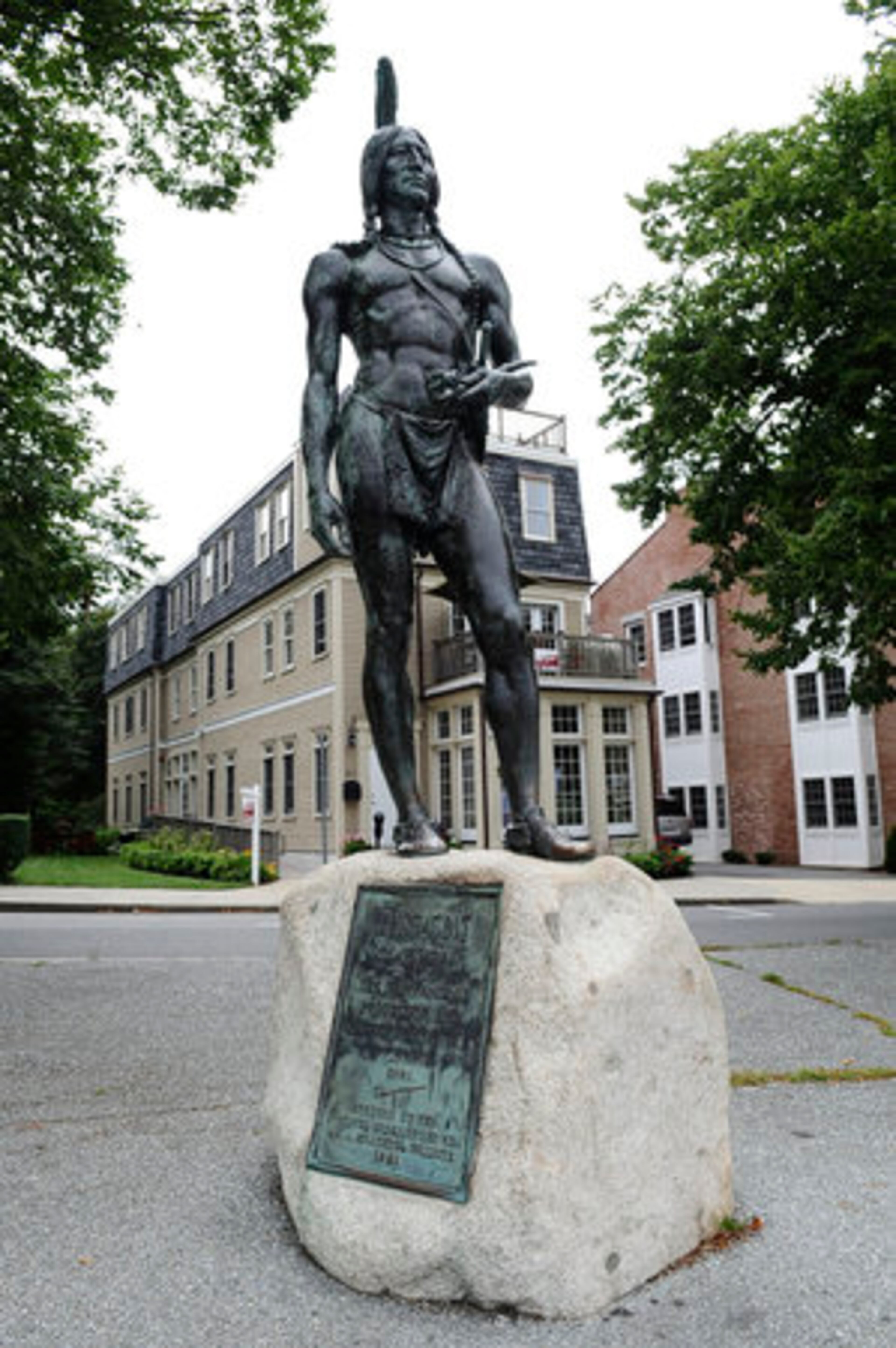 A statue of Massasoit, a leader of the Wampanoag, stands at Cole's Hill in downtown Plymouth. A ceremony is held near here each Thanksgiving to mark a "National Day of Mourning" for Native Americans.