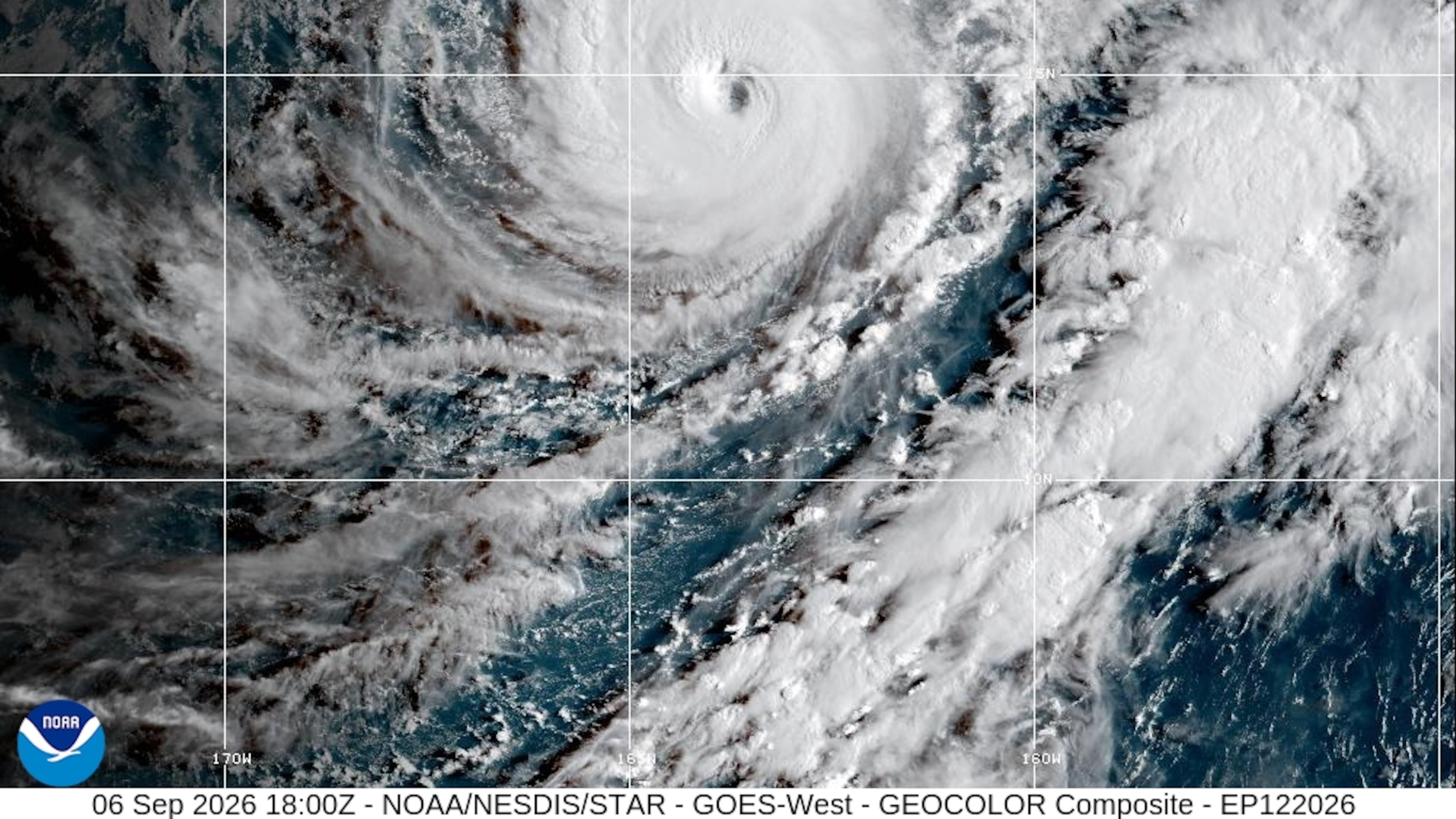 This satellite image released by NOAA shows Hurricane Lowell approaching Hawaii, Sunday, Sept. 6, 2026. (NOAA via AP)