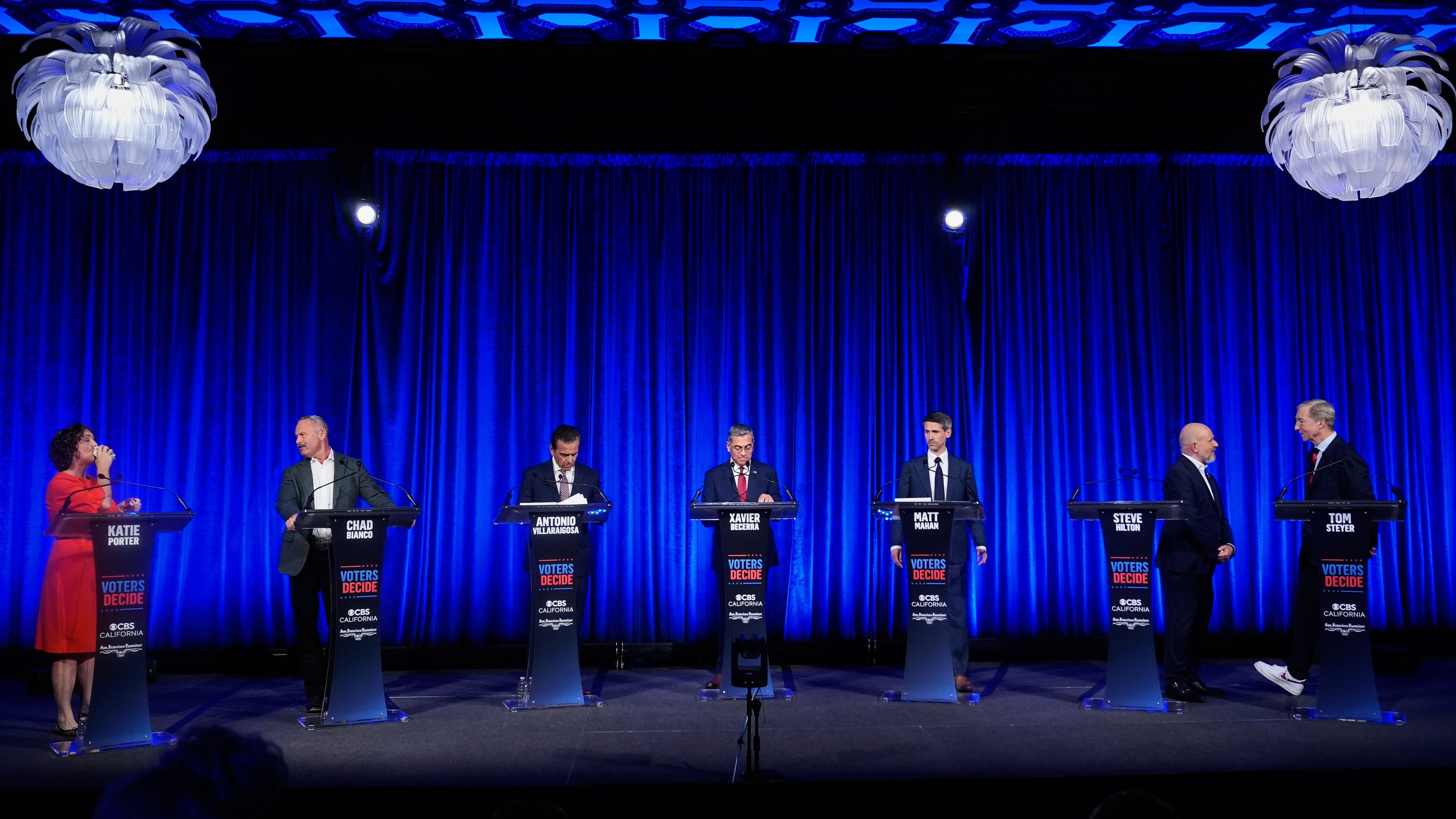 From left, Katie Porter, Chad Bianco, Antonio Villaraigosa, Xavier Becerra, Matt Mahan, Steve Hilton and Tom Steyer wait during a break at a California gubernatorial debate hosted by CBS Bay Area and the San Francisco Examiner in San Francisco, Thursday, May 14, 2026. (AP Photo/Godofredo A. Vásquez, Pool)