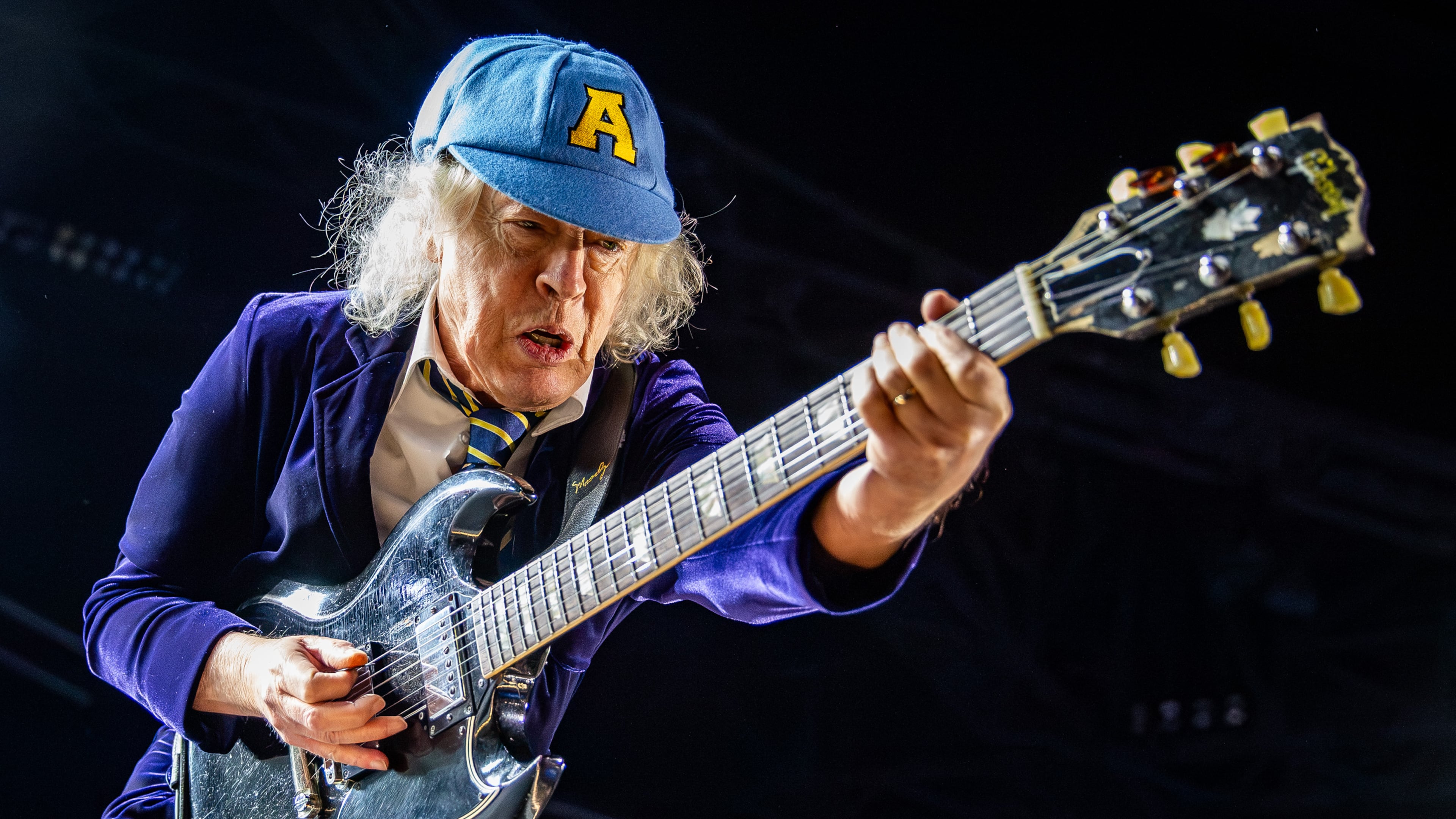 AC/DC lead guitarist Angus Young impressed the crowd giving non-stop energy ... all night long, Thursday Aug. 27, 2026, at Mercedes Benz Stadium, Atlanta. (Ryan Fleisher for the AJC)