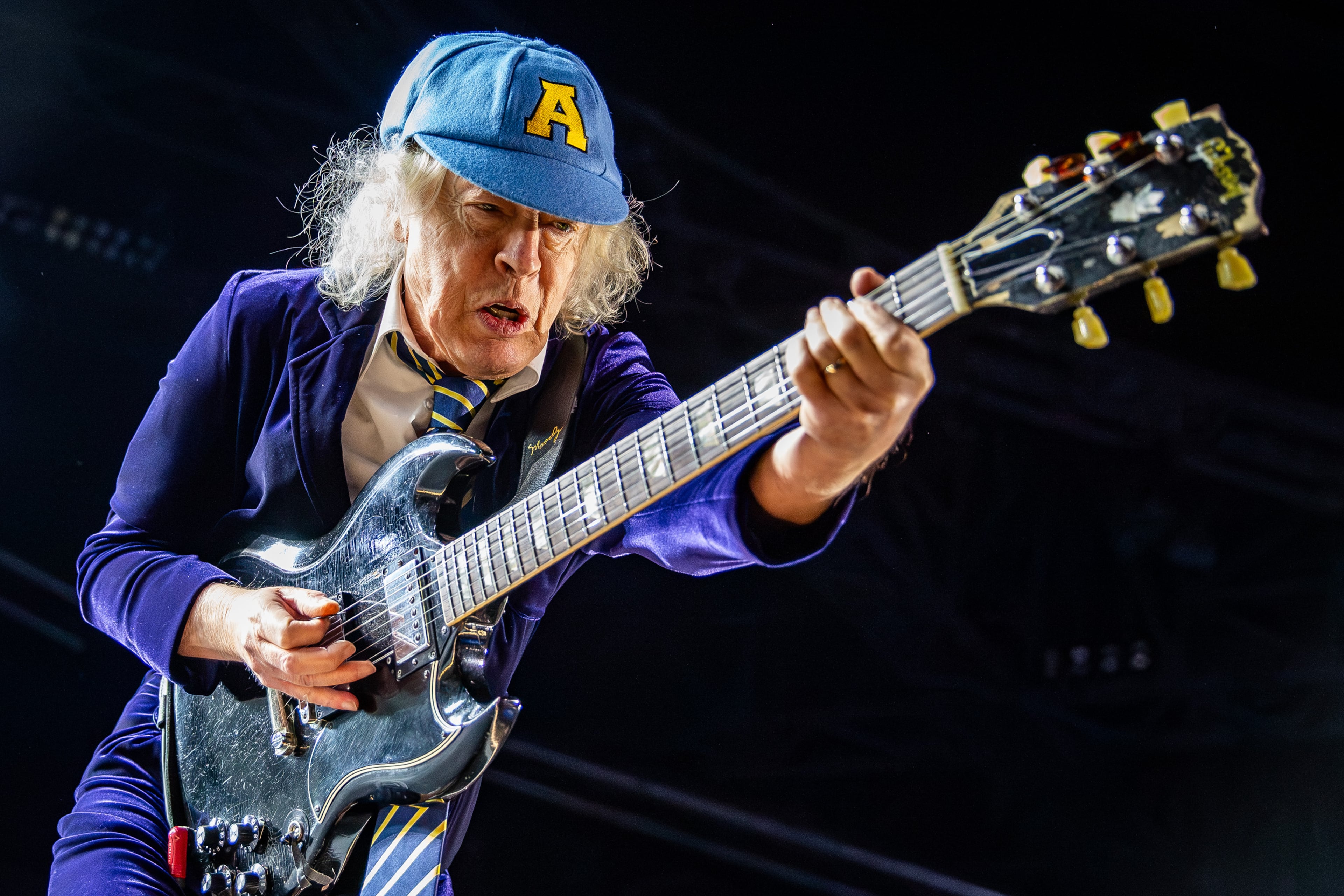 AC/DC lead guitarist Angus Young impressed the crowd giving non-stop energy ... all night long, Thursday Aug. 27, 2026, at Mercedes Benz Stadium, Atlanta. (Ryan Fleisher for the AJC)