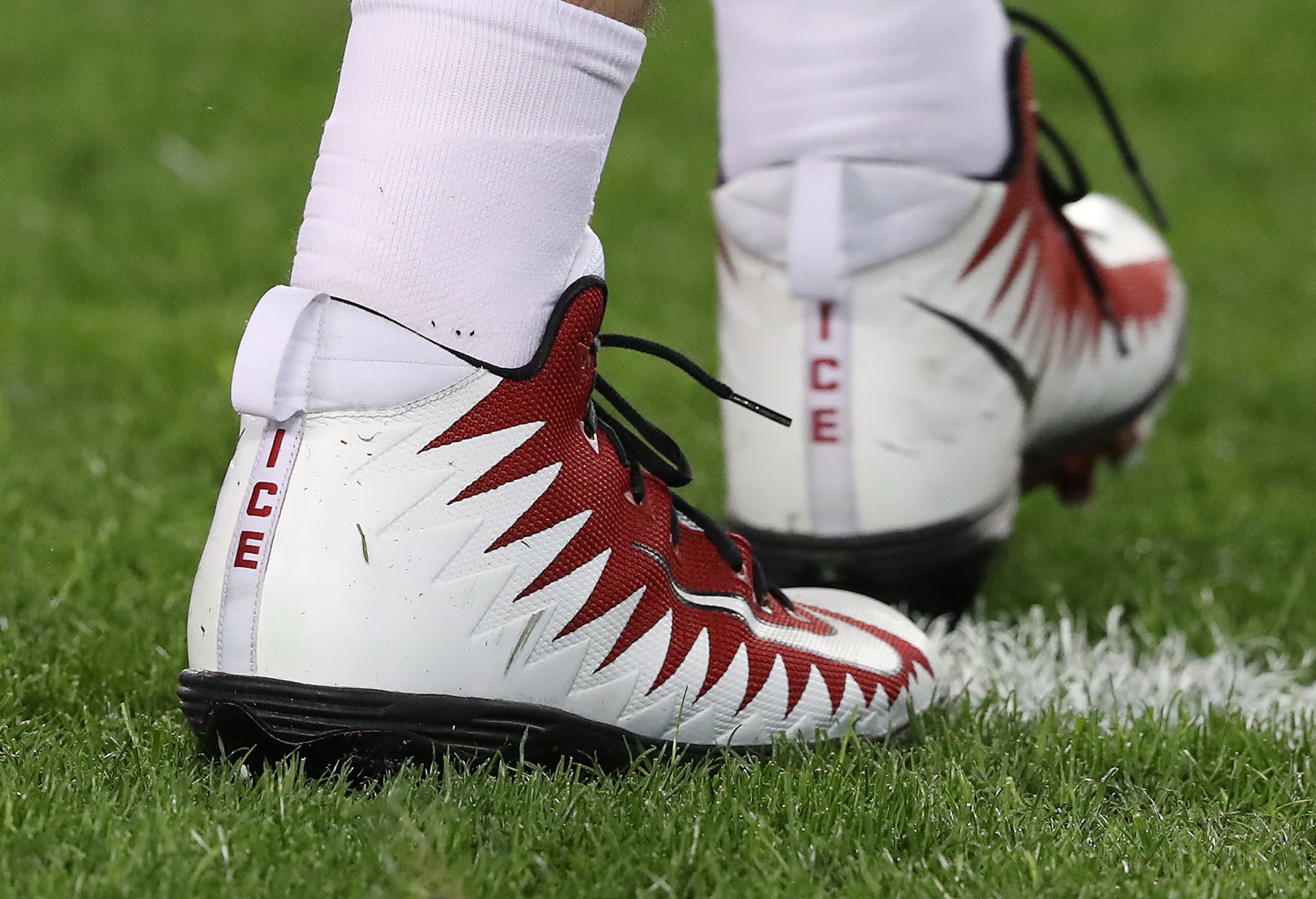 December 18, 2017 Tampa: Falcons quarterback Matt Ryan sports a pair of Nike shoes with his nickname Ice printed on the back for the game against the Buccaneers in a NFL football game on Monday, December 18, 2017, in Tampa. Curtis Compton/ccompton@ajc.com