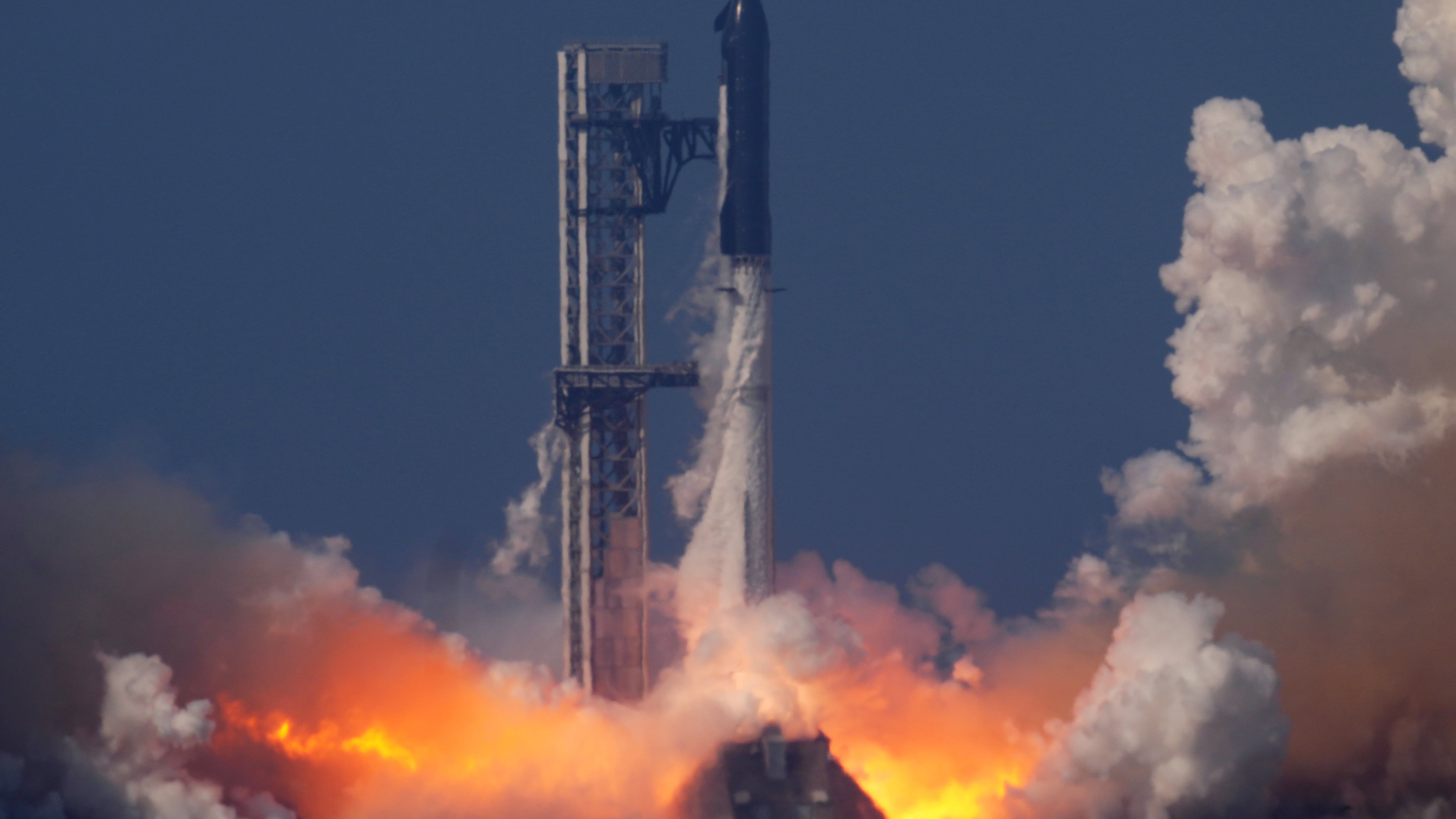 SpaceX's mega rocket Starship makes a test flight from Starbase, Texas, Friday, May 22, 2026. (AP Photo/Eric Gay)