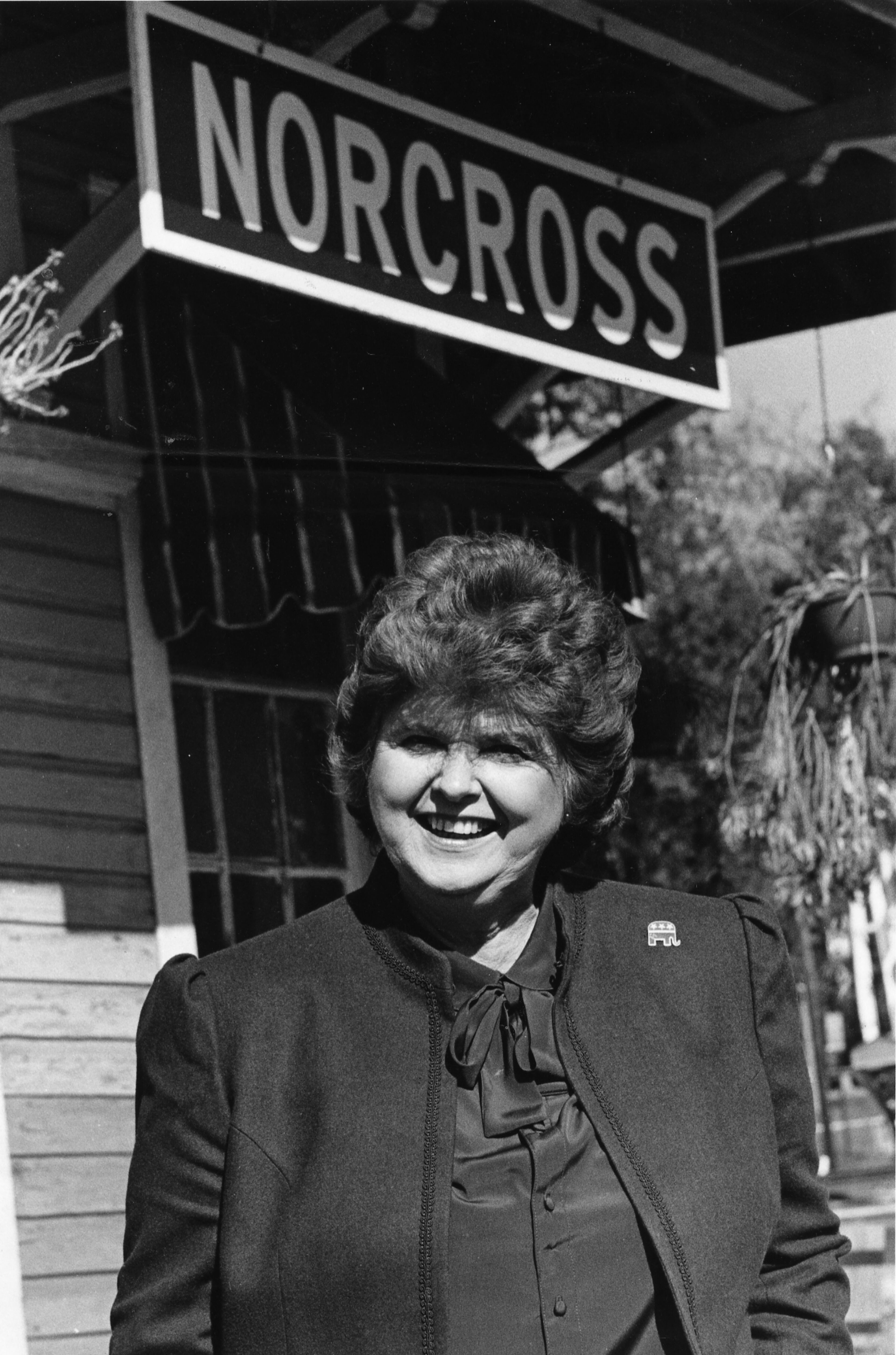 Lillian Webb poses in front of the old Norcross train depot in November 1984, before she was to ascend to the Gwinnett County Commission Chairman post in January of 1985. Webb is credited with, among many other things, paving the way for downtown Norcross' revitalization. In 1974, she stopped demolition crews just before they destroyed the city's old train depot -- which is now home to several popular restaurants and shops."I didn't want to get out of my car because I was wearing my bathrobe," Webb told The Atlanta Journal-Constitution in 2007. "But I told them, 'You men have to stop. You can't tear down this depot.'" -- Text by Tyler Estep, AJC