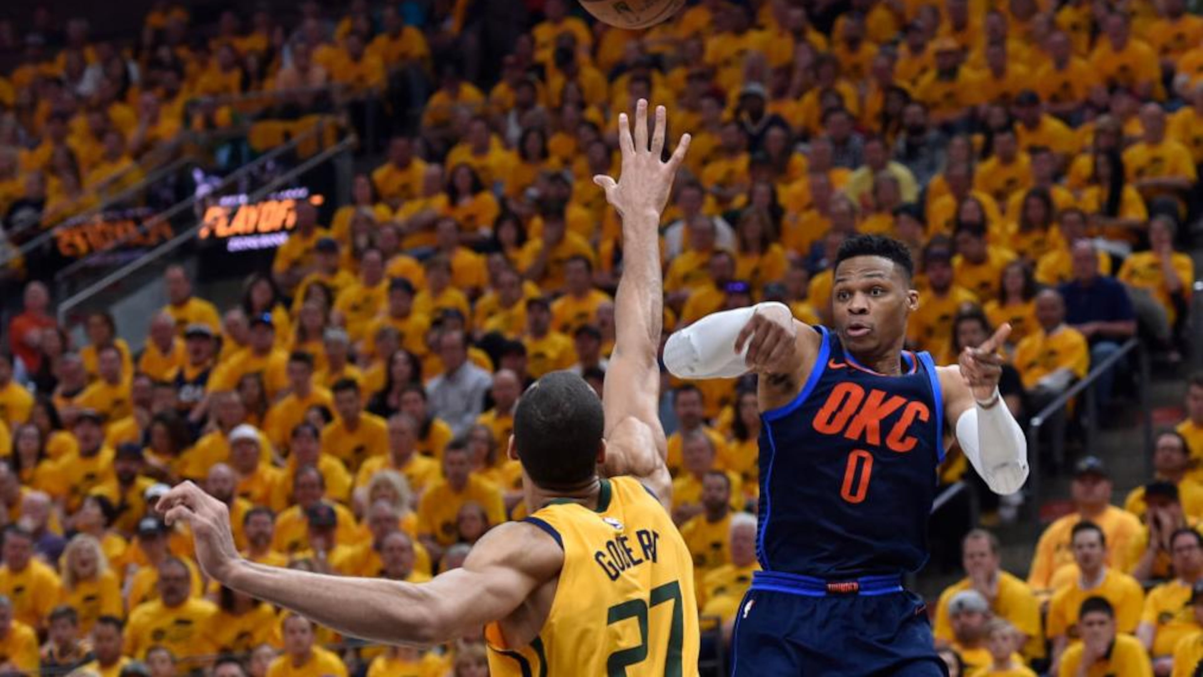 Russell Westbrook. right, scored 46 points in a losing effort Friday night in Salt Lake CIty.