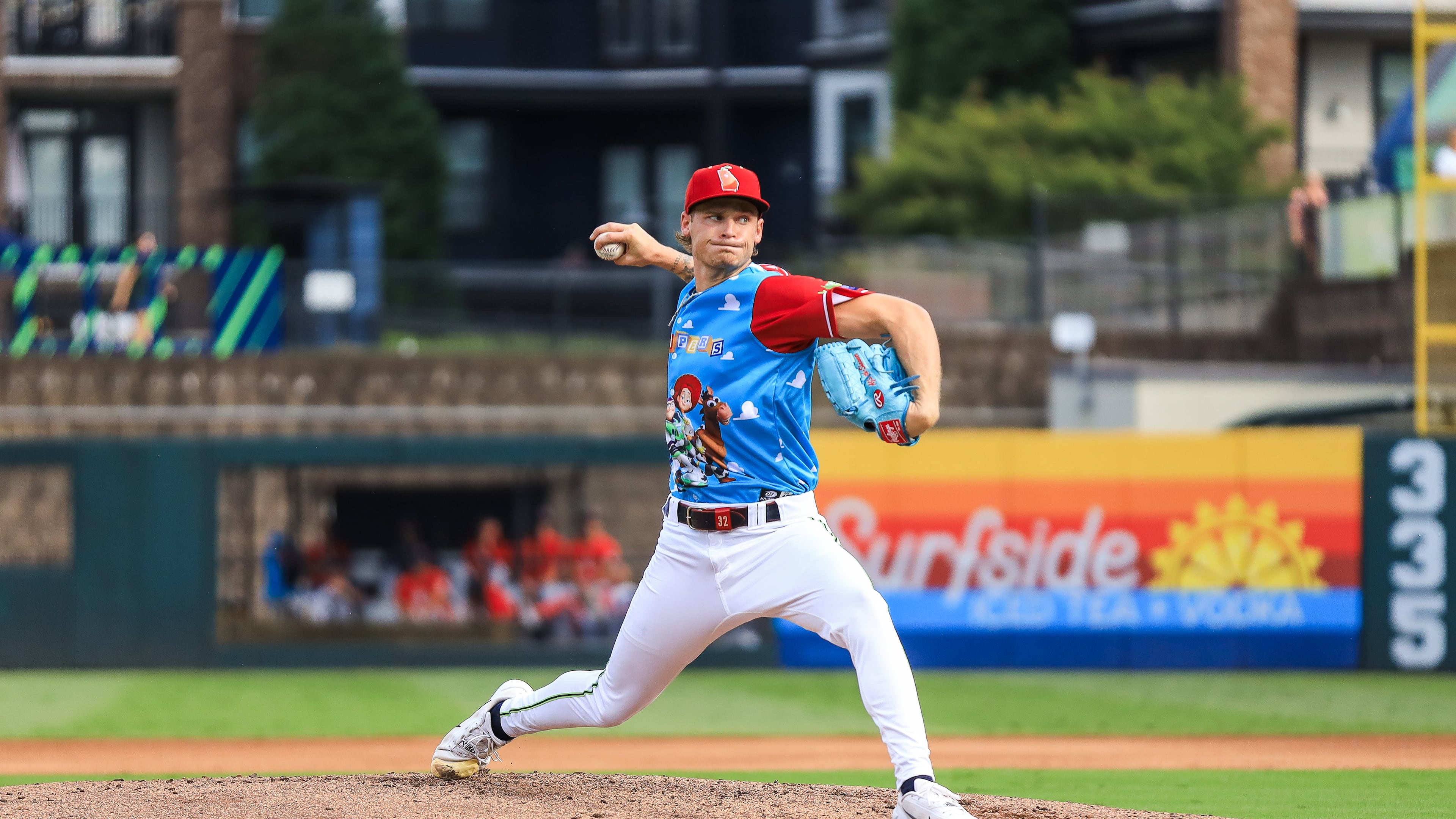 AJ Smith-Shawver pitches for the Gwinnett Stripers against the Memphis Redbirds at Gwinnett Field on Saturday, July 11, 2026. Smith-Shawver threw 2⅓ innings and allowed two runs (both earned), five hits and three walks and struck out two. (Courtesy of Maddie LoRae/Gwinnett Stripers)