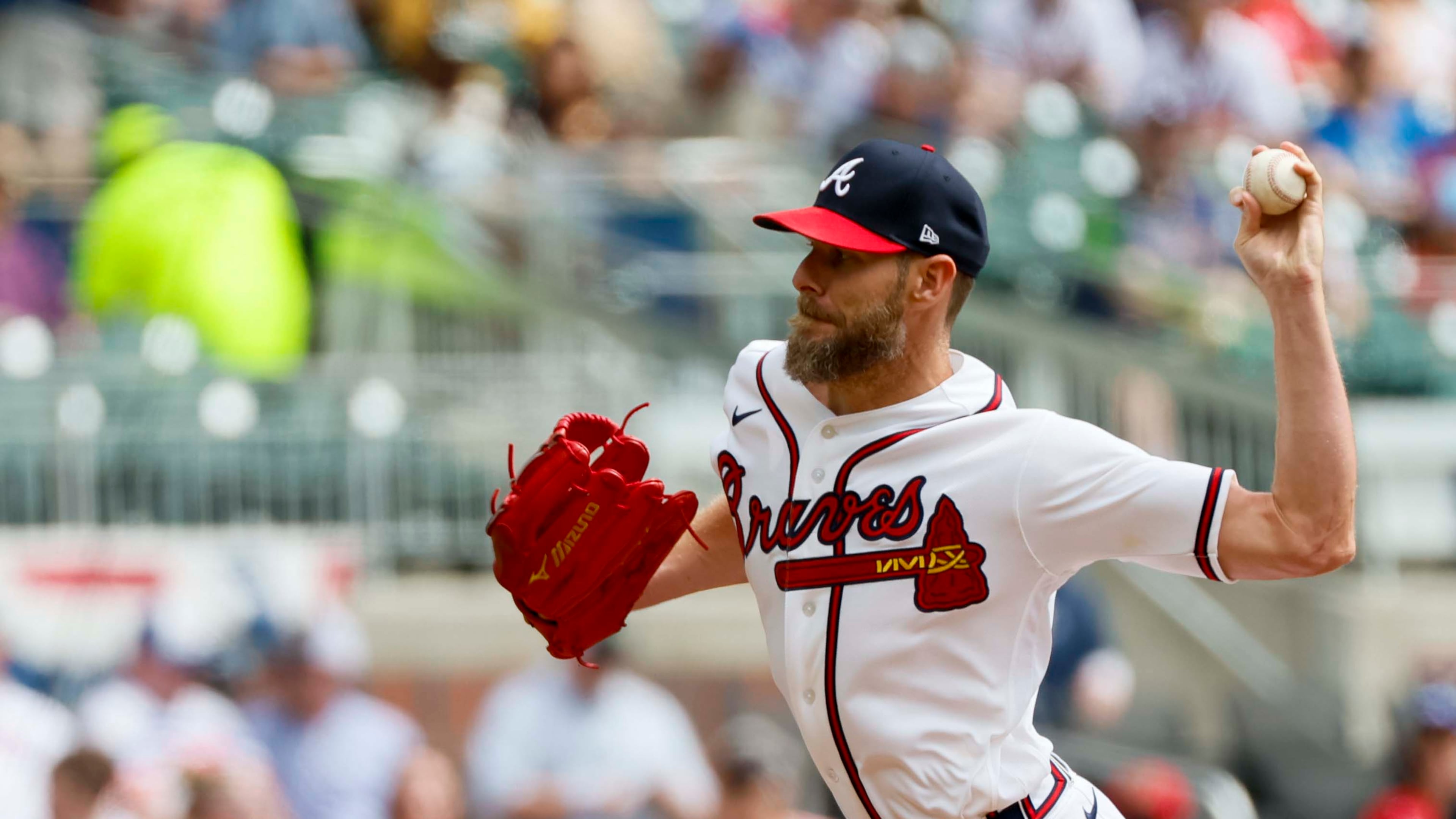 Braves starting pitcher Chris Sale (51) throws a pitch to an Athletics batter during the first inning at Truist Park on Wednesday, April 1, 2026, in Atlanta. (Miguel Martinez/ AJC)