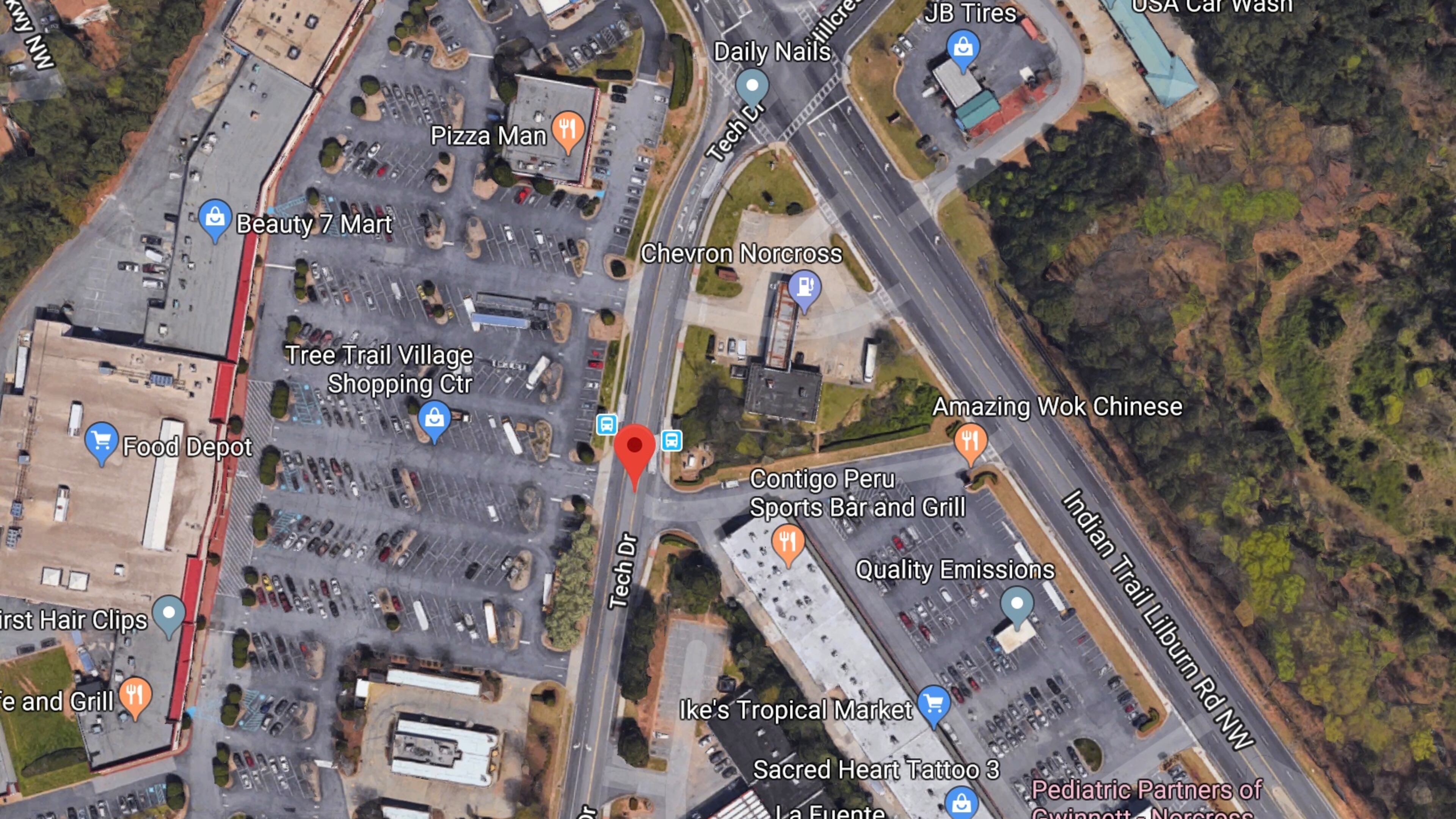 The Gateway85 CID and Gwinnett DOT will work to design a mid-block crossing on Tech Drive between Indian Trail Road and Singleton Road to increase safety for transit users by creating a protected place to cross. Google Maps