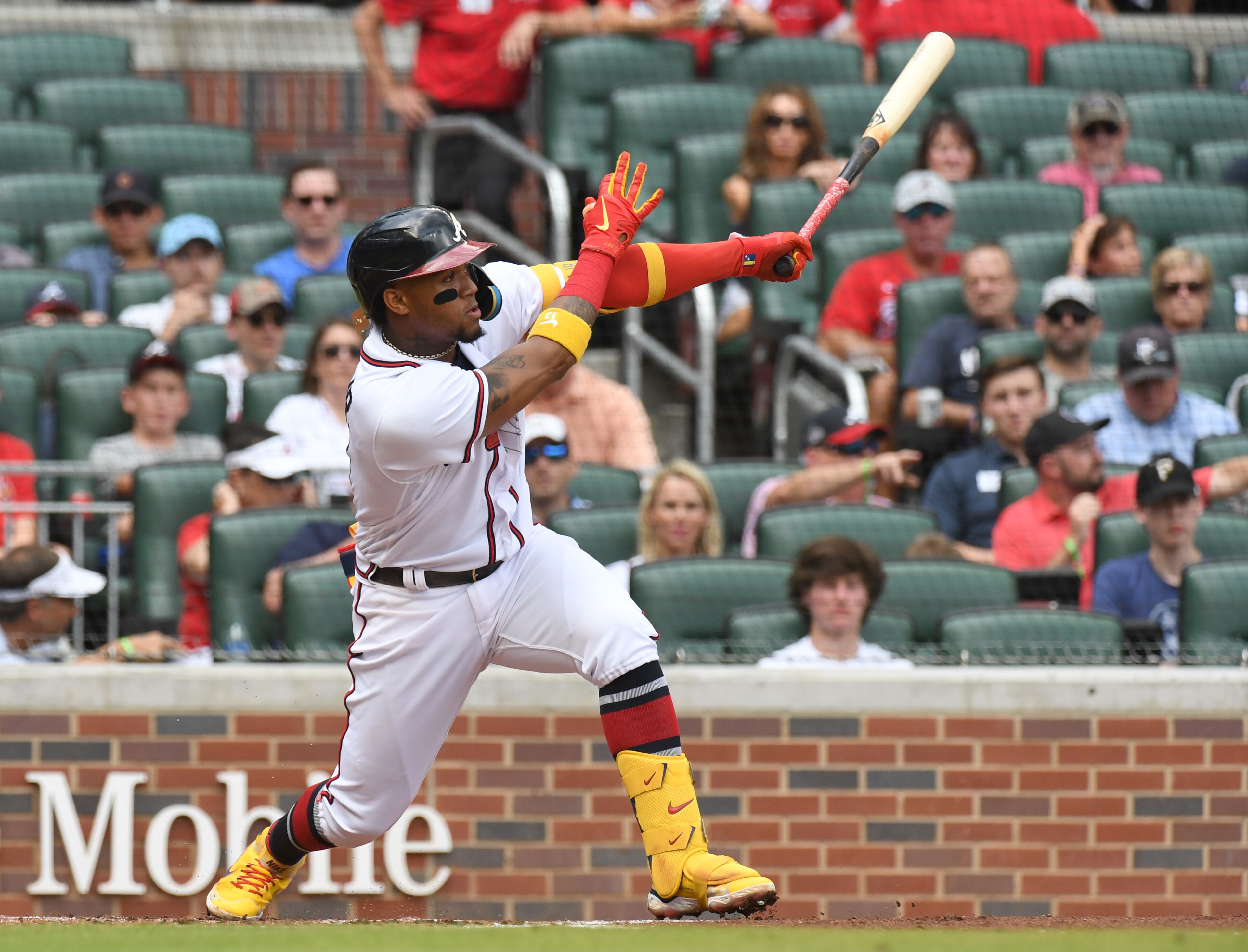 June 11, 2022 Atlanta - Atlanta Braves' right fielder Ronald Acuna (13) hits a solo homer against Pittsburgh Pirates in the first inning at Truist Park on Saturday, June 11, 2022. (Hyosub Shin / Hyosub.Shin@ajc.com)
