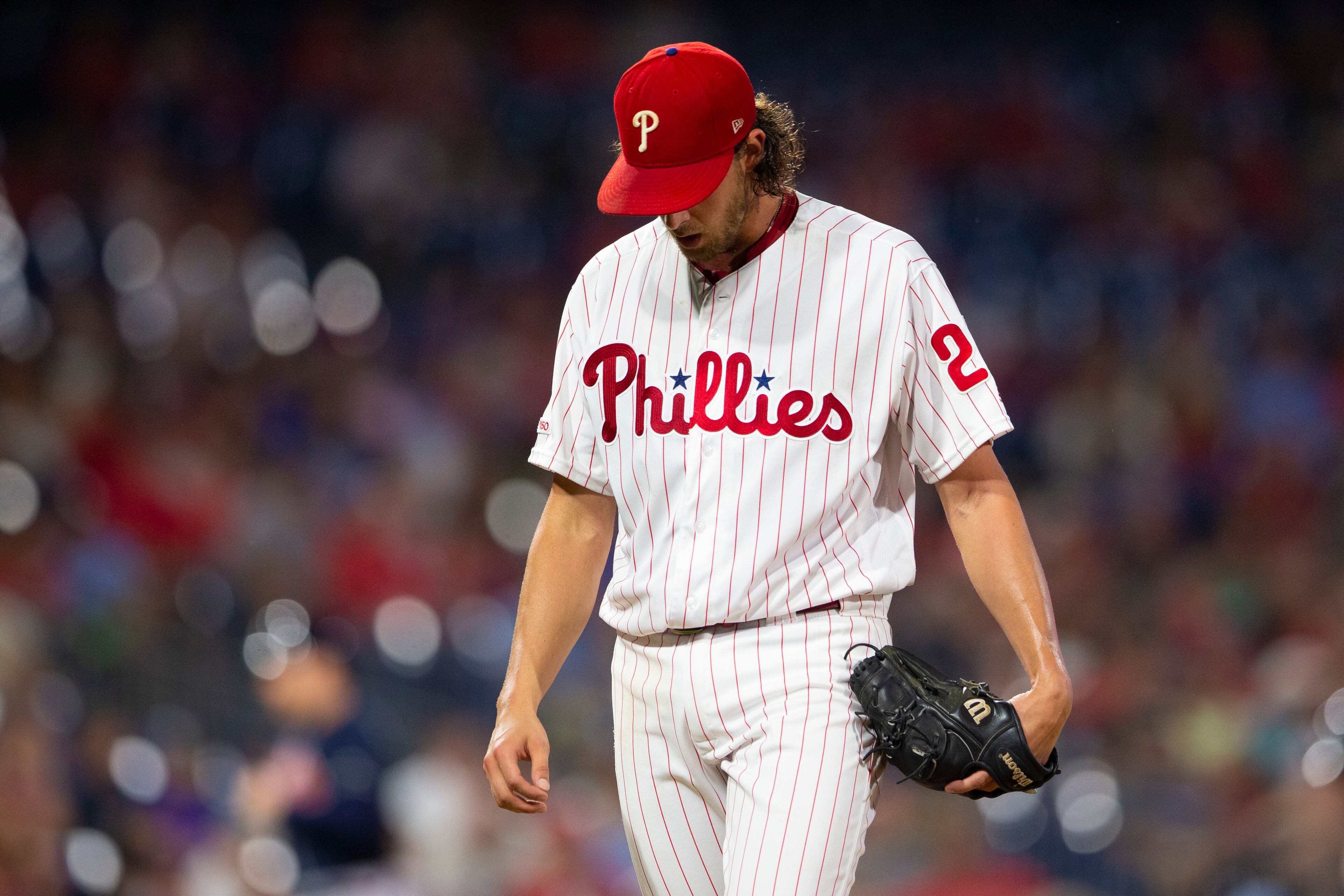 The Braves scored two runs in the first and second against Phillies starter Aaron Nola. (Photo by Mitchell Leff/Getty Images)