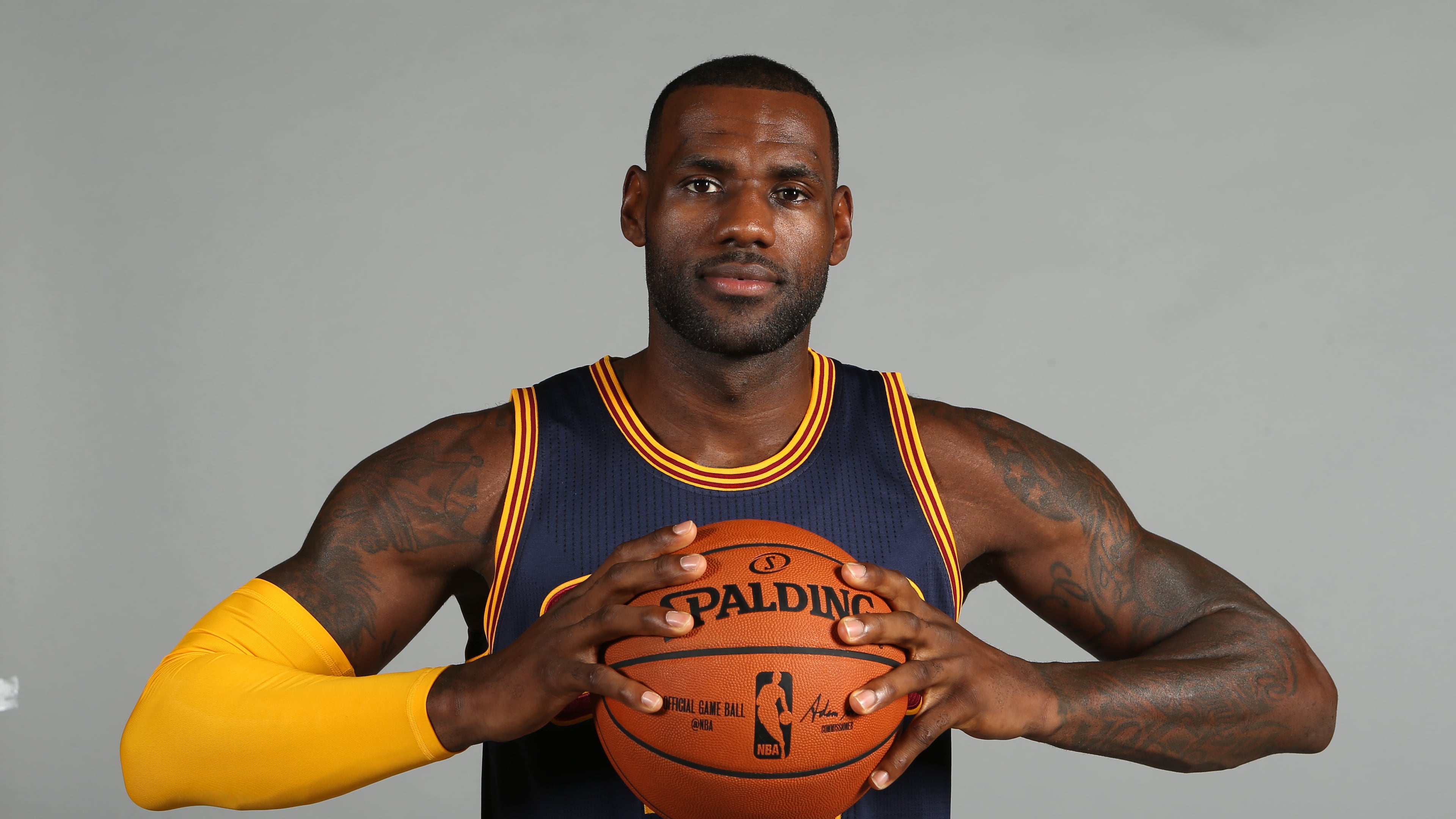 Cleveland Cavaliers' LeBron James poses during the NBA team's media day, Monday, Sept. 28, 2015, in Independence, Ohio. (AP Photo/Ron Schwane)