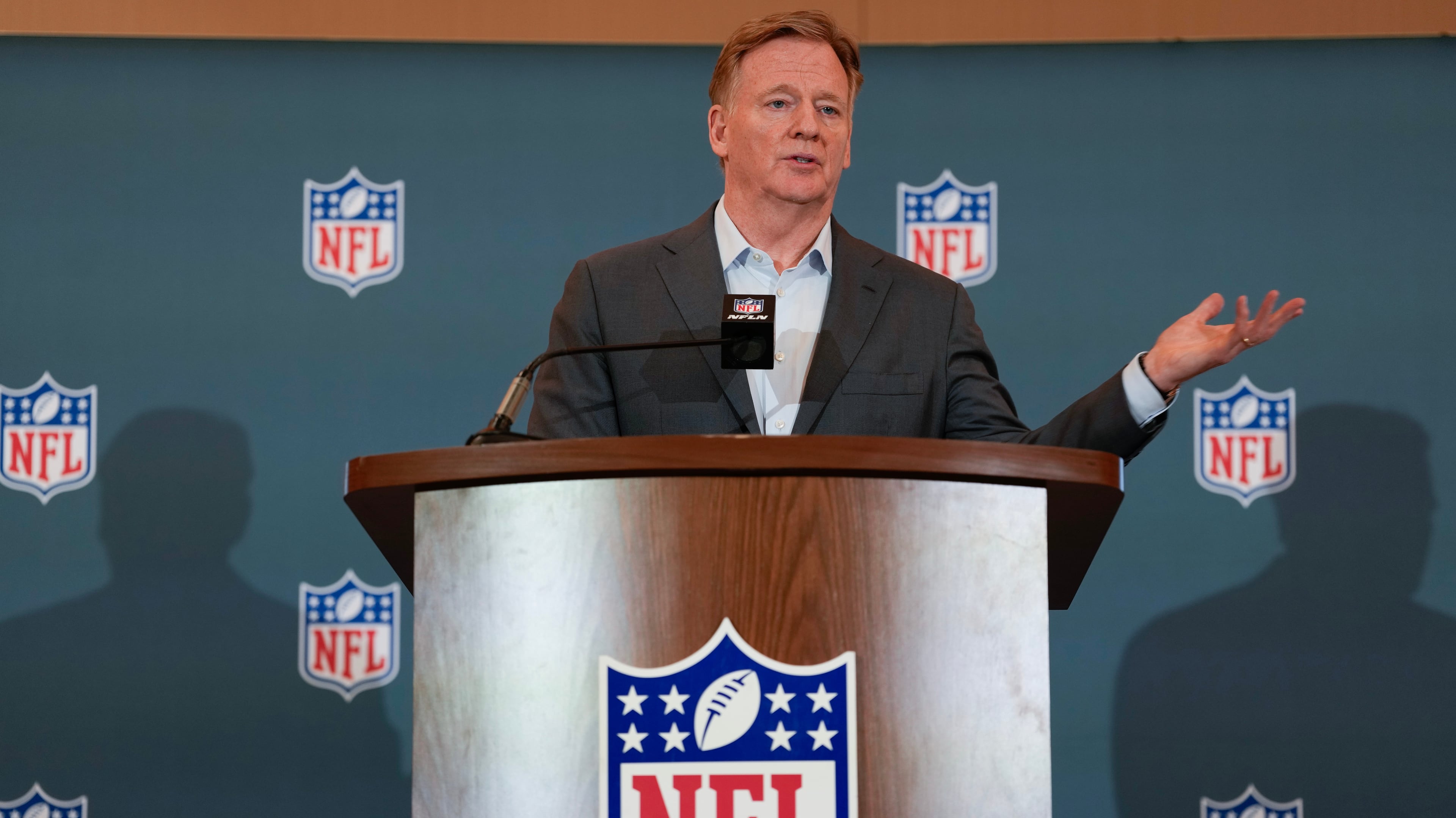 NFL commissioner Roger Goodell answers questions during a news conference at the football owners' meetings Tuesday, May 19, 2026, in Orlando, Fla. (AP Photo/John Raoux)