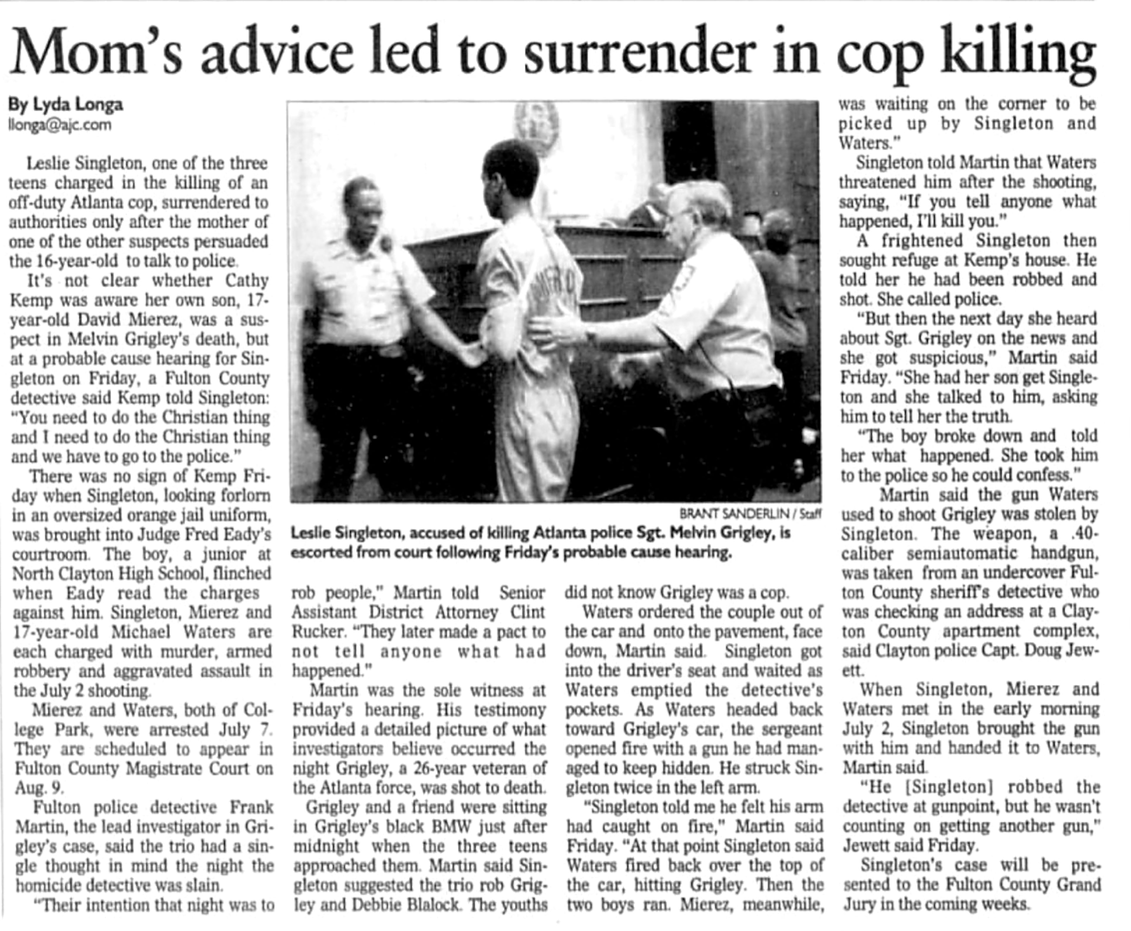 This Atlanta Journal-Constitution article from July 15, 2000, describes a probable cause hearing for Leslie Singleton (shown in the article's photo) in the Melvin Grigley murder case. (AJC archive)